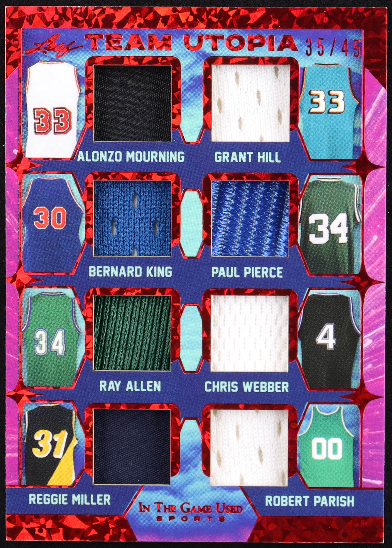 Alonzo Mourning / Grant Hill / Bernard King / Paul Pierce / Ray Allen / Chris Webber / Reggie Miller / Robert Parish 2022 ITG Used Sports Team Utopia Materials Red Pattern #TU16 #35/45 at PristineAuction.com Alonzo Mourning / Grant Hill / Bernard King / Paul Pierce / Ray Allen / Chris Webber / Reggie Miller / Robert Parish 2022 ITG Used Sports Team Utopia Materials Red Pattern #TU16 #35/45 at PristineAuction.com
