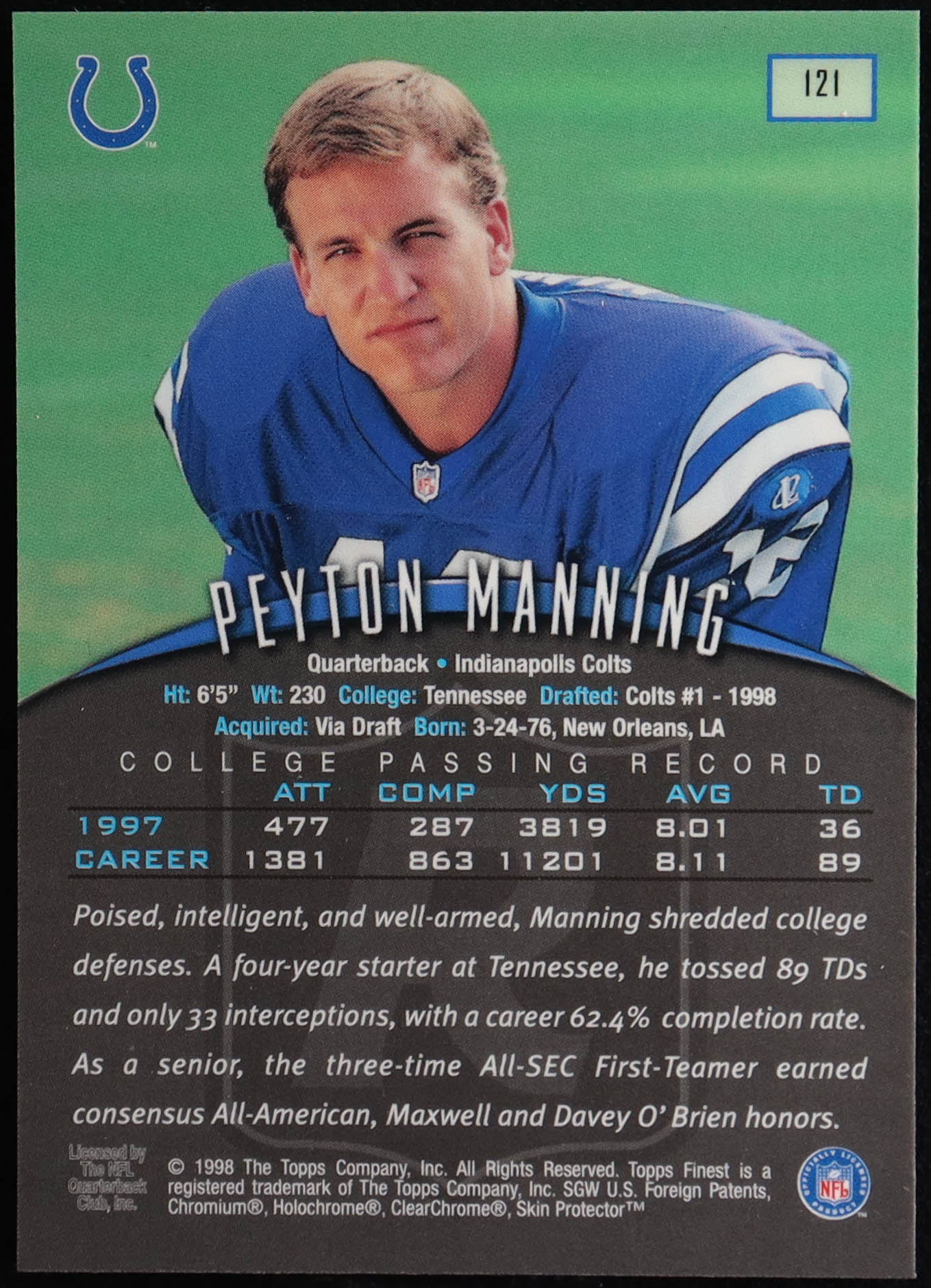 Peyton Manning 1998 Finest #121 RC with Coating at PristineAuction.com Peyton Manning 1998 Finest #121 RC with Coating at PristineAuction.com