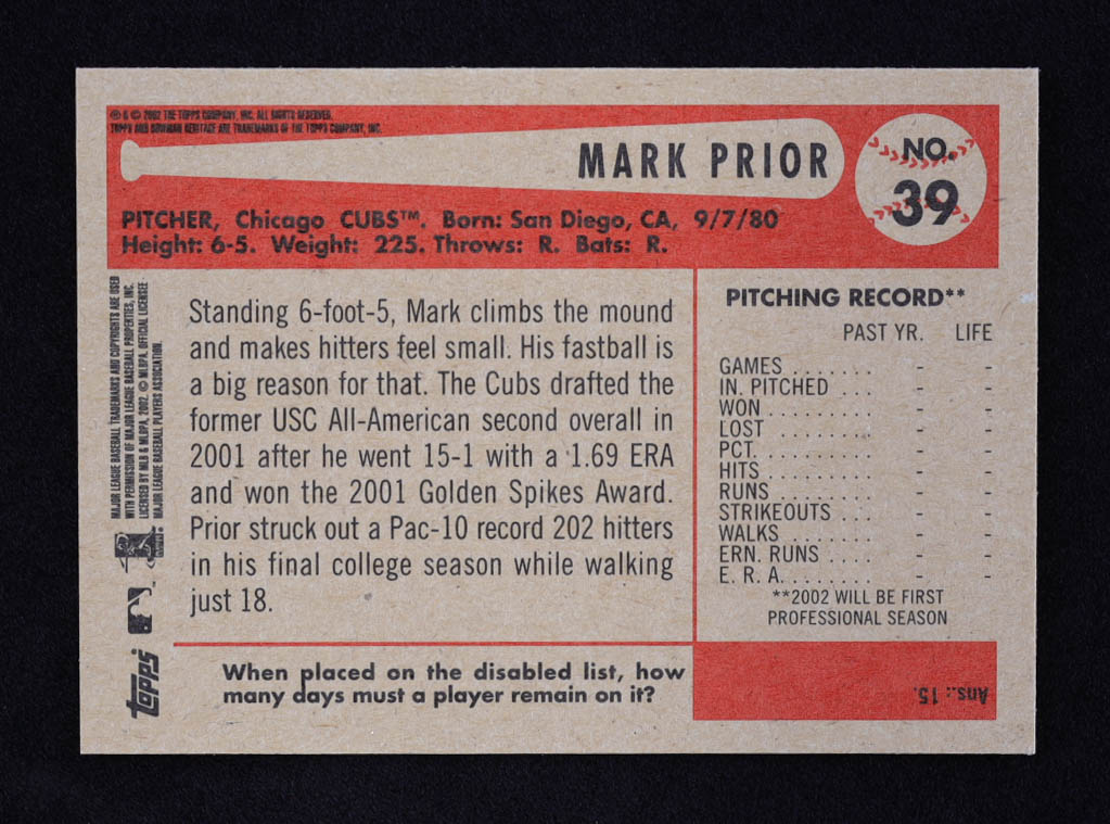 Mark Prior 2002 Bowman Heritage #39 at PristineAuction.com Mark Prior 2002 Bowman Heritage #39 at PristineAuction.com