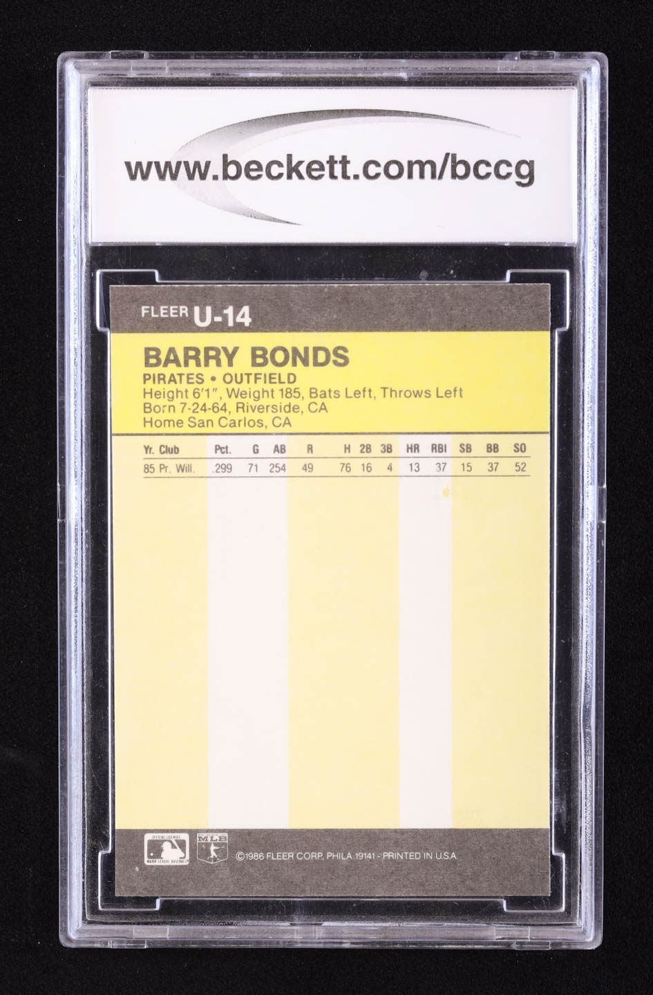 Barry Bonds 1986 Fleer Update #U14 XRC (BCCG 10) at PristineAuction.com Barry Bonds 1986 Fleer Update #U14 XRC (BCCG 10) at PristineAuction.com