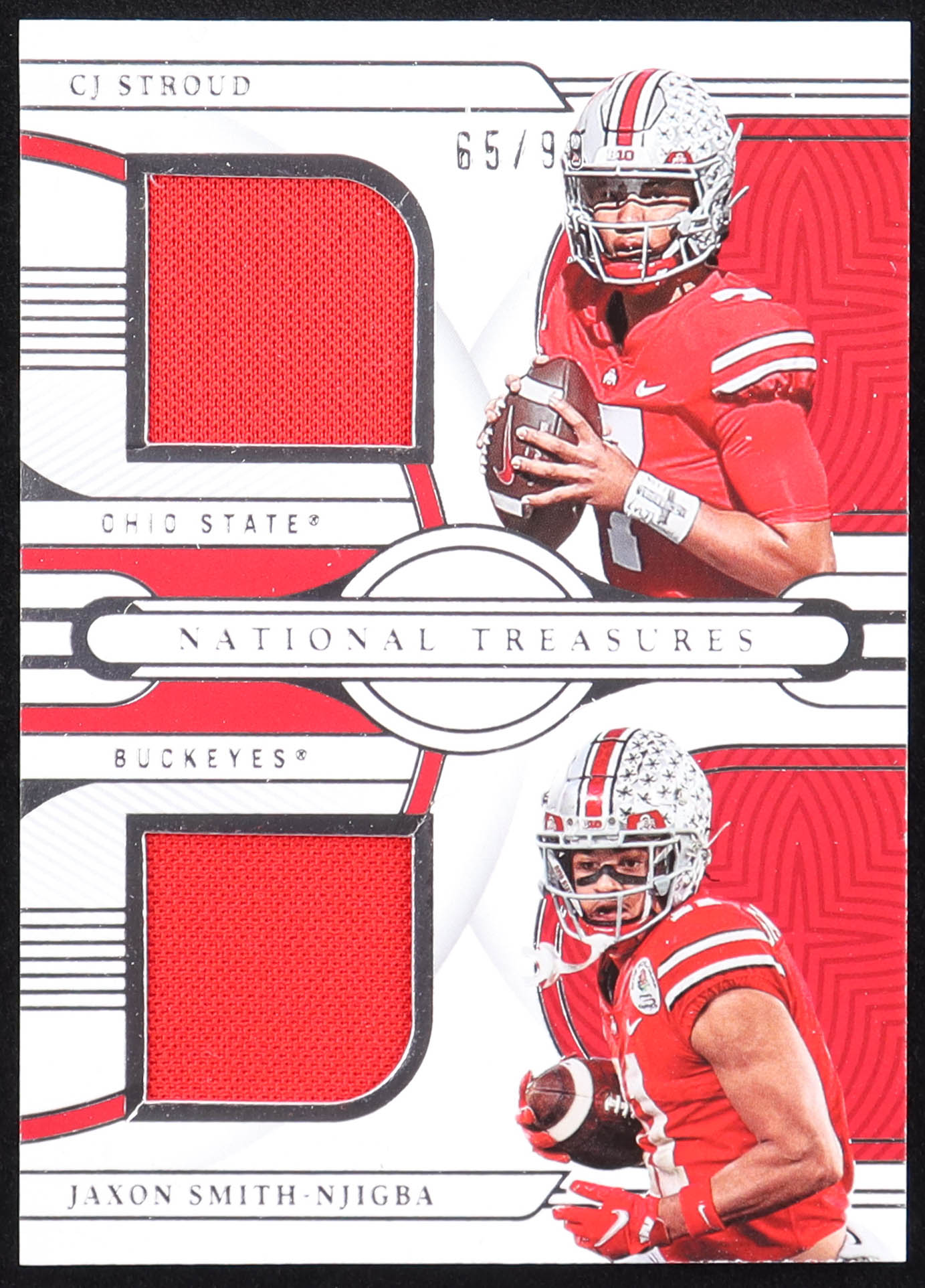 CJ Stroud / Jaxon Smith-Njigba 2023 Panini National Treasures Collegiate Team Dual Materials #2 RC #65/99 at PristineAuction.com CJ Stroud / Jaxon Smith-Njigba 2023 Panini National Treasures Collegiate Team Dual Materials #2 RC #65/99 at PristineAuction.com