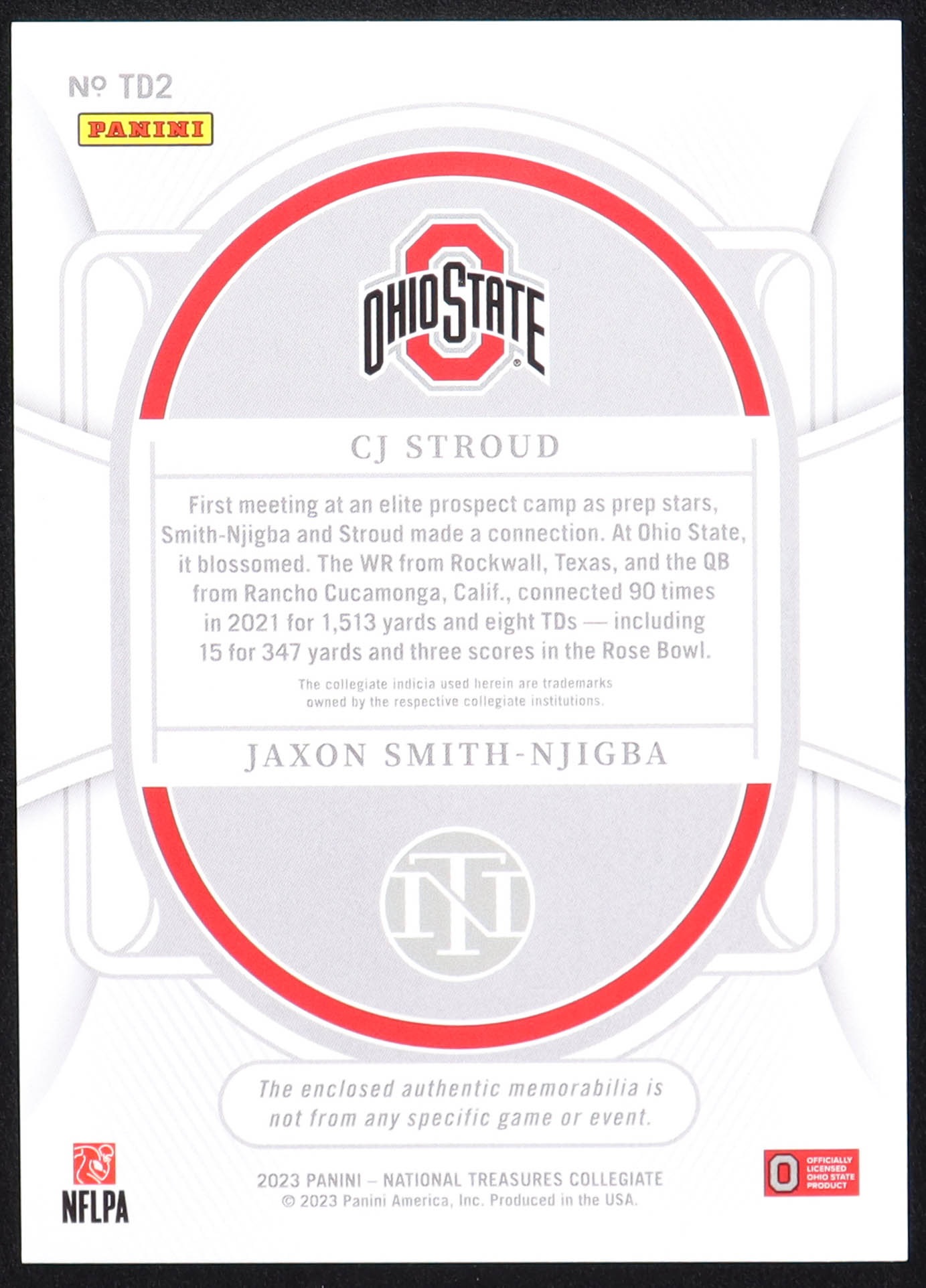 CJ Stroud / Jaxon Smith-Njigba 2023 Panini National Treasures Collegiate Team Dual Materials #2 RC #65/99 at PristineAuction.com CJ Stroud / Jaxon Smith-Njigba 2023 Panini National Treasures Collegiate Team Dual Materials #2 RC #65/99 at PristineAuction.com