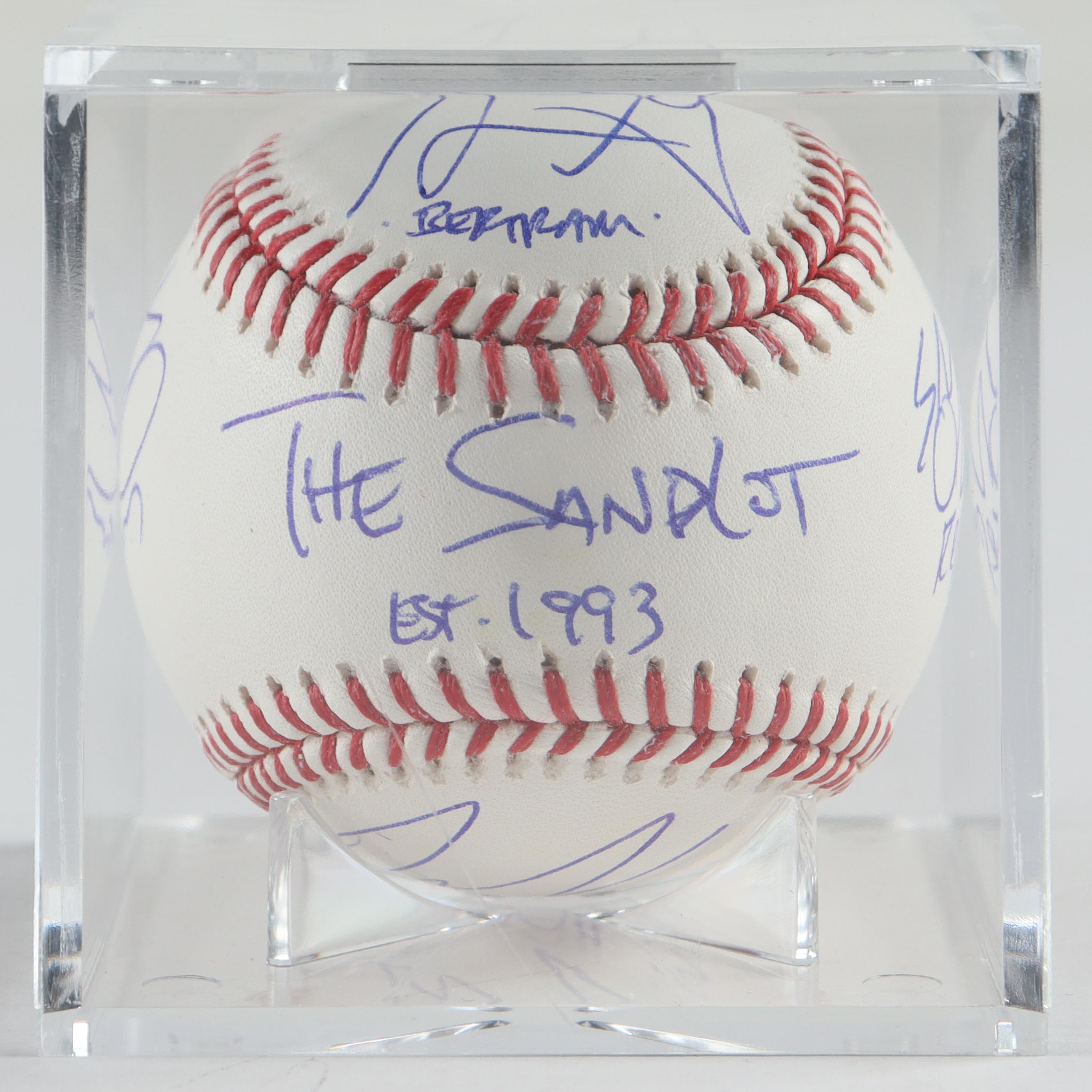 "The Sandlot" Babe Ruth OML Baseball Cast-Signed By (6) with Tom Guiry, Marty York, Victor Di Mattia with Multiple Character Inscriptions (TSE) at PristineAuction.com "The Sandlot" Babe Ruth OML Baseball Cast-Signed By (6) with Tom Guiry, Marty York, Victor Di Mattia with Multiple Character Inscriptions (TSE) at PristineAuction.com