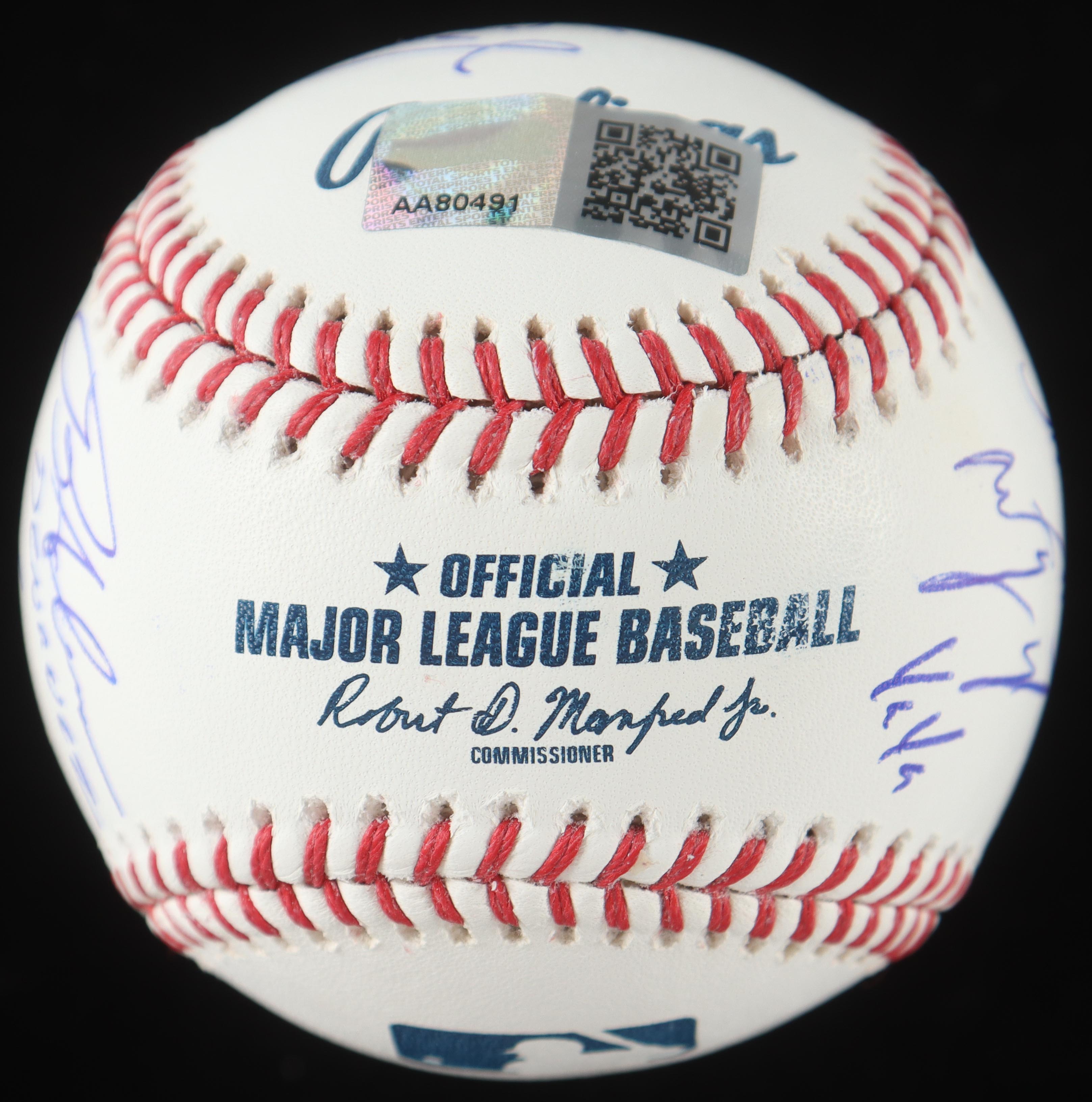 "The Sandlot" Babe Ruth OML Baseball Cast-Signed By (6) with Tom Guiry, Marty York, Victor Di Mattia with Multiple Character Inscriptions (TSE) at PristineAuction.com "The Sandlot" Babe Ruth OML Baseball Cast-Signed By (6) with Tom Guiry, Marty York, Victor Di Mattia with Multiple Character Inscriptions (TSE) at PristineAuction.com