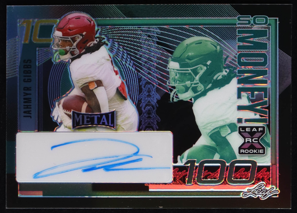 Jahmyr Gibbs 2023 Leaf Metal So Money! Prismatic Black #SMJG1 #2/5 RC at PristineAuction.com Jahmyr Gibbs 2023 Leaf Metal So Money! Prismatic Black #SMJG1 #2/5 RC at PristineAuction.com