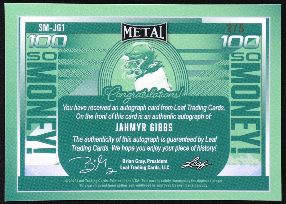Jahmyr Gibbs 2023 Leaf Metal So Money! Prismatic Black #SMJG1 #2/5 RC at PristineAuction.com Jahmyr Gibbs 2023 Leaf Metal So Money! Prismatic Black #SMJG1 #2/5 RC at PristineAuction.com