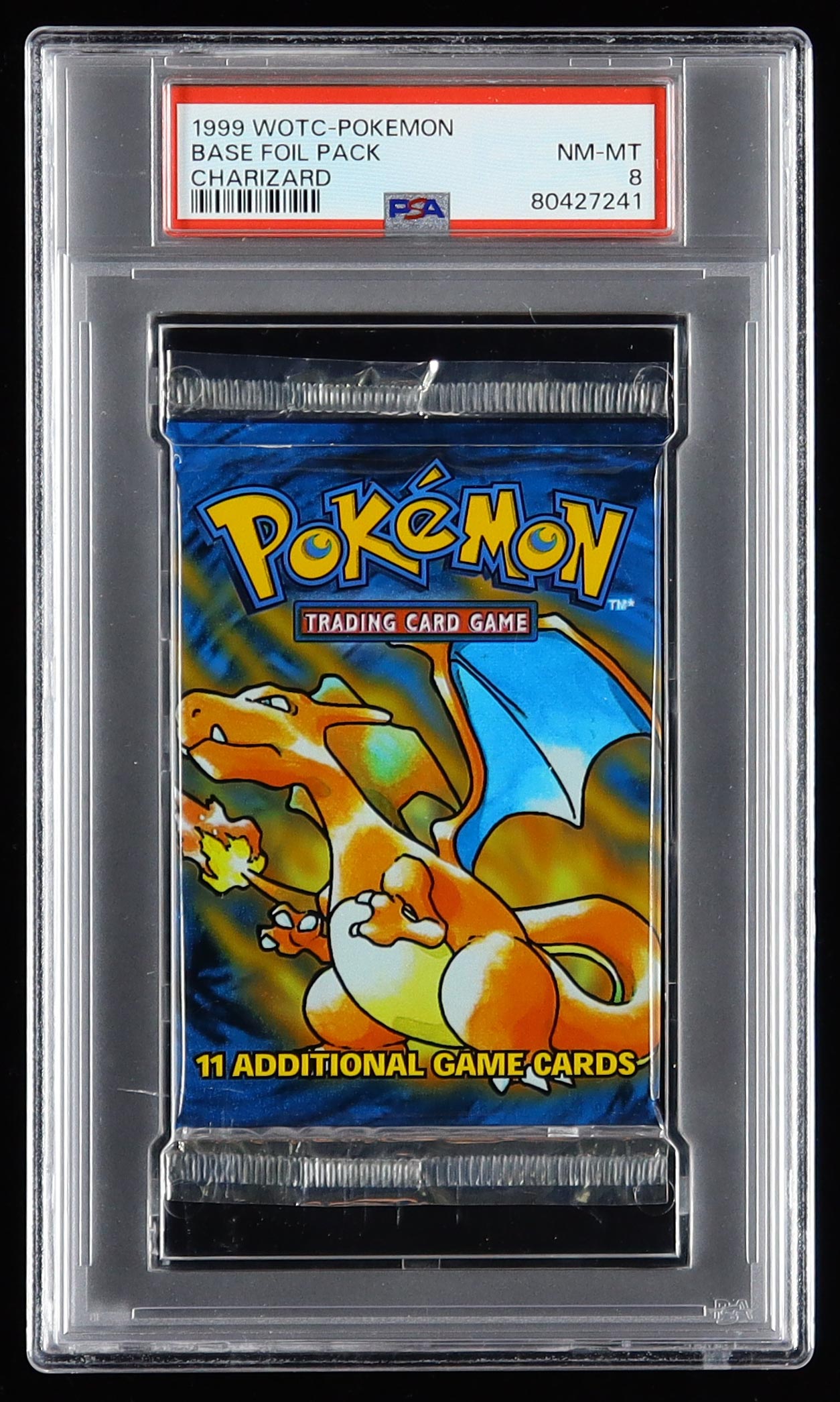 1999 WOTC Pokemon Charizard Base Unopened Foil Pack (PSA 8) at PristineAuction.com 1999 WOTC Pokemon Charizard Base Unopened Foil Pack (PSA 8) at PristineAuction.com