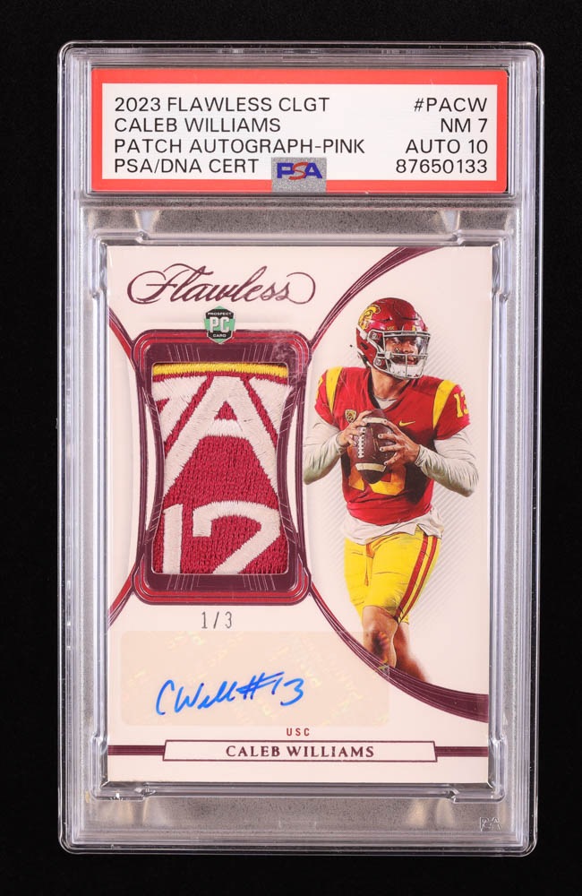 Caleb Williams 2023 Panini Flawless Collegiate Patch Autographs Pink #1 RC #1/3 (PSA 7 | Autograph Graded 10) at PristineAuction.com Caleb Williams 2023 Panini Flawless Collegiate Patch Autographs Pink #1 RC #1/3 (PSA 7 | Autograph Graded 10) at PristineAuction.com