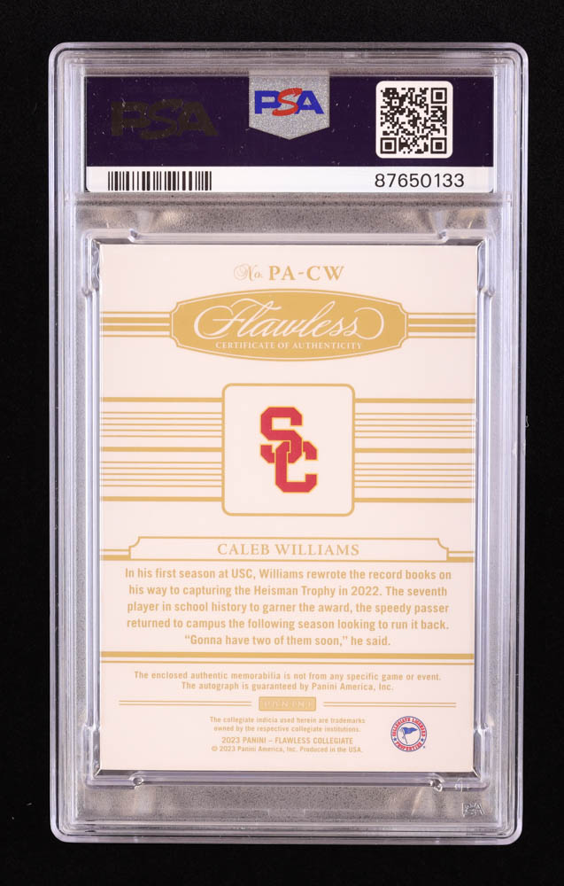 Caleb Williams 2023 Panini Flawless Collegiate Patch Autographs Pink #1 RC #1/3 (PSA 7 | Autograph Graded 10) at PristineAuction.com Caleb Williams 2023 Panini Flawless Collegiate Patch Autographs Pink #1 RC #1/3 (PSA 7 | Autograph Graded 10) at PristineAuction.com