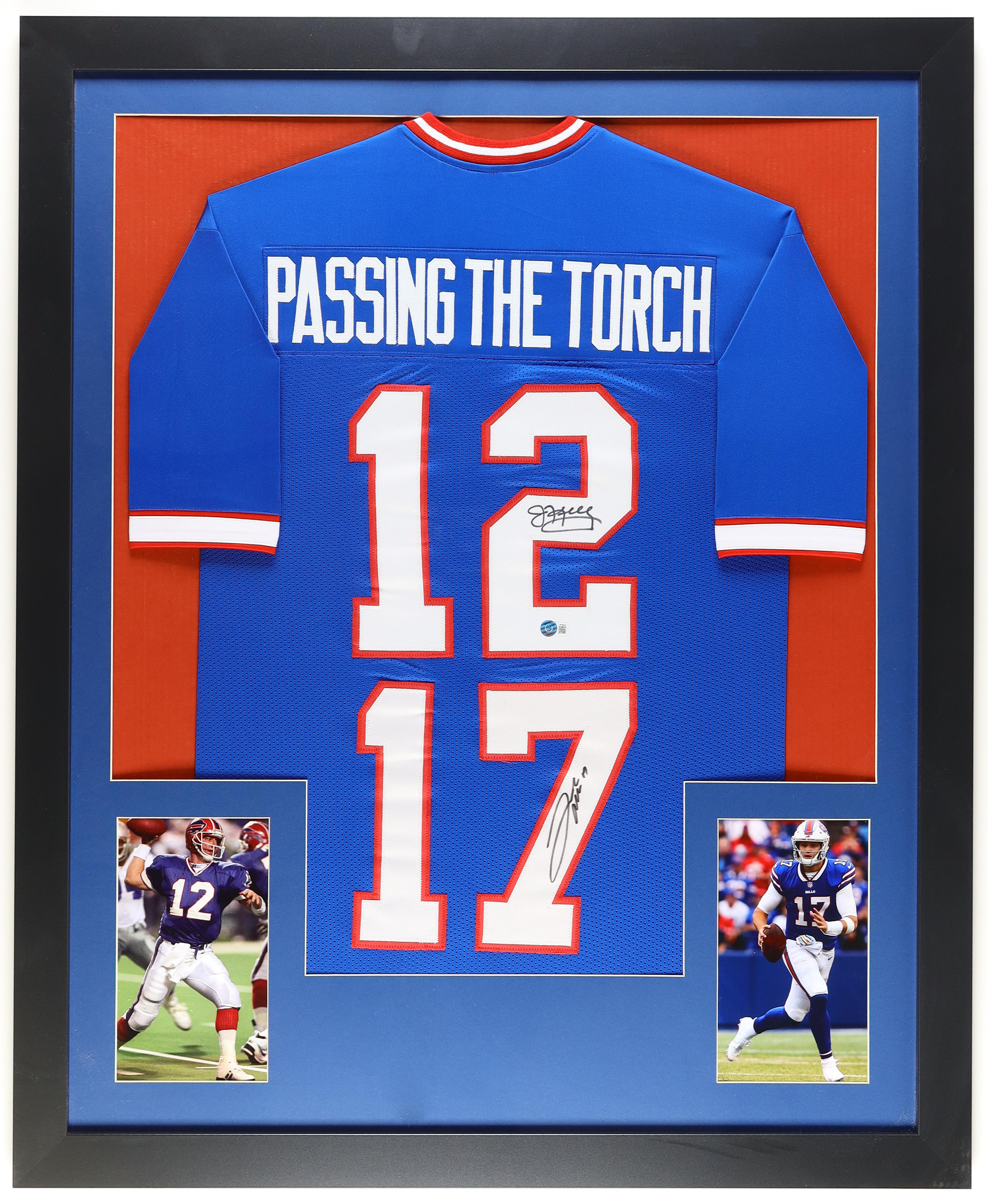 Jim Kelly & Josh Allen Signed "Passing The Torch" Custom Framed Jersey Display (Beckett) at PristineAuction.com Jim Kelly & Josh Allen Signed "Passing The Torch" Custom Framed Jersey Display (Beckett) at PristineAuction.com