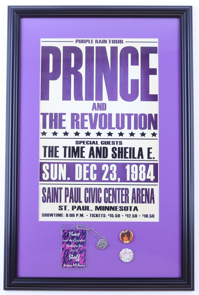 Prince & The Revolution Purple Rain Tour Custom Framed Poster Display with Original Vintage Back Stage Pass & (2) Concert Pins at PristineAuction.com Prince & The Revolution Purple Rain Tour Custom Framed Poster Display with Original Vintage Back Stage Pass & (2) Concert Pins at PristineAuction.com