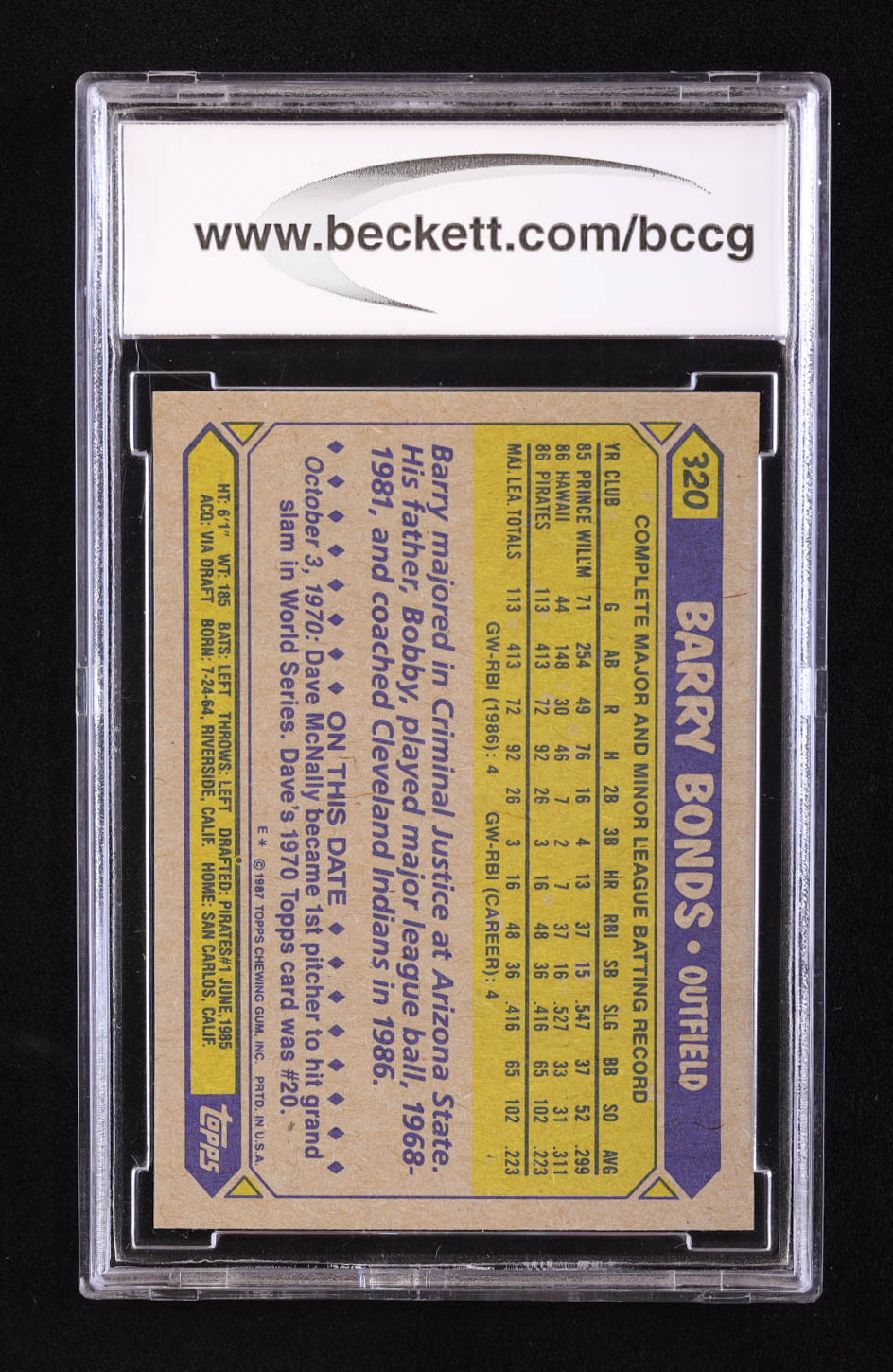 Barry Bonds 1987 Topps #320 RC (BCCG 10) at PristineAuction.com Barry Bonds 1987 Topps #320 RC (BCCG 10) at PristineAuction.com