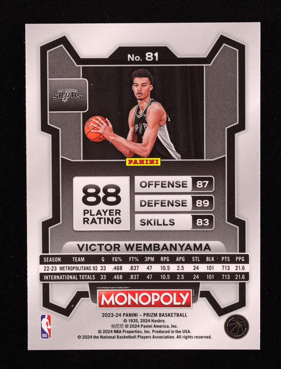 Victor Wembanyama 2023-24 Panini Prizm Monopoly #81 RC at PristineAuction.com Victor Wembanyama 2023-24 Panini Prizm Monopoly #81 RC at PristineAuction.com