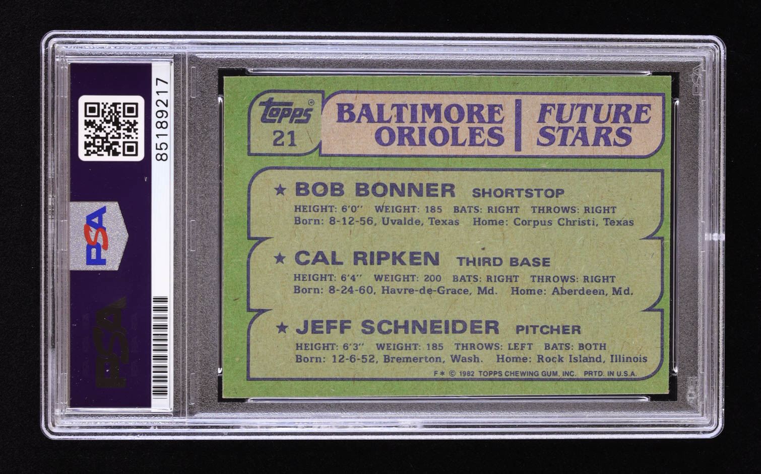 Cal Ripken Jr. Signed 1982 Topps #21 Bob Bonner RC / Cal Ripken RC / Jeff Schneider RC (PSA | Auto 10) at PristineAuction.com Cal Ripken Jr. Signed 1982 Topps #21 Bob Bonner RC / Cal Ripken RC / Jeff Schneider RC (PSA | Auto 10) at PristineAuction.com