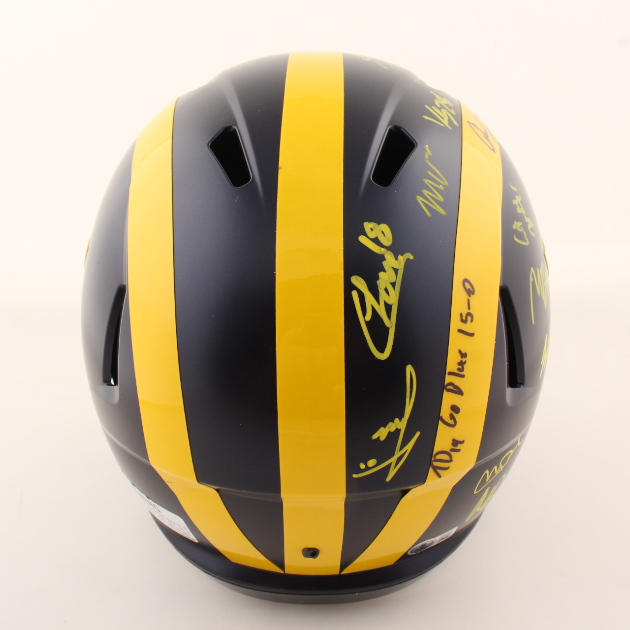 2023 Michigan Wolverines Full-Size Speed Helmet Team-Signed by (17) with J.J. McCarthy, Blake Corum, Roman Wilson, Colston Loveland Inscribed "Go Blue 15-0" & "23 Champs!" (Beckett) at PristineAuction.com 2023 Michigan Wolverines Full-Size Speed Helmet Team-Signed by (17) with J.J. McCarthy, Blake Corum, Roman Wilson, Colston Loveland Inscribed "Go Blue 15-0" & "23 Champs!" (Beckett) at PristineAuction.com