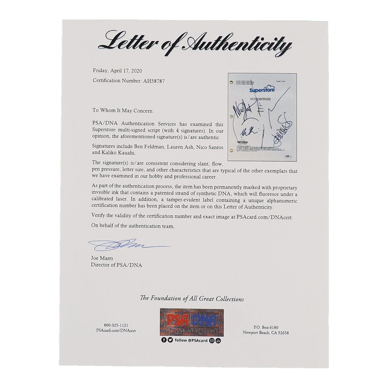 "Superstore" TV Pilot Script Signed by (4) with Ben Feldman, Lauren Ash, Nico Santos & Kaliko Kauhi (PSA) at PristineAuction.com "Superstore" TV Pilot Script Signed by (4) with Ben Feldman, Lauren Ash, Nico Santos & Kaliko Kauhi (PSA) at PristineAuction.com