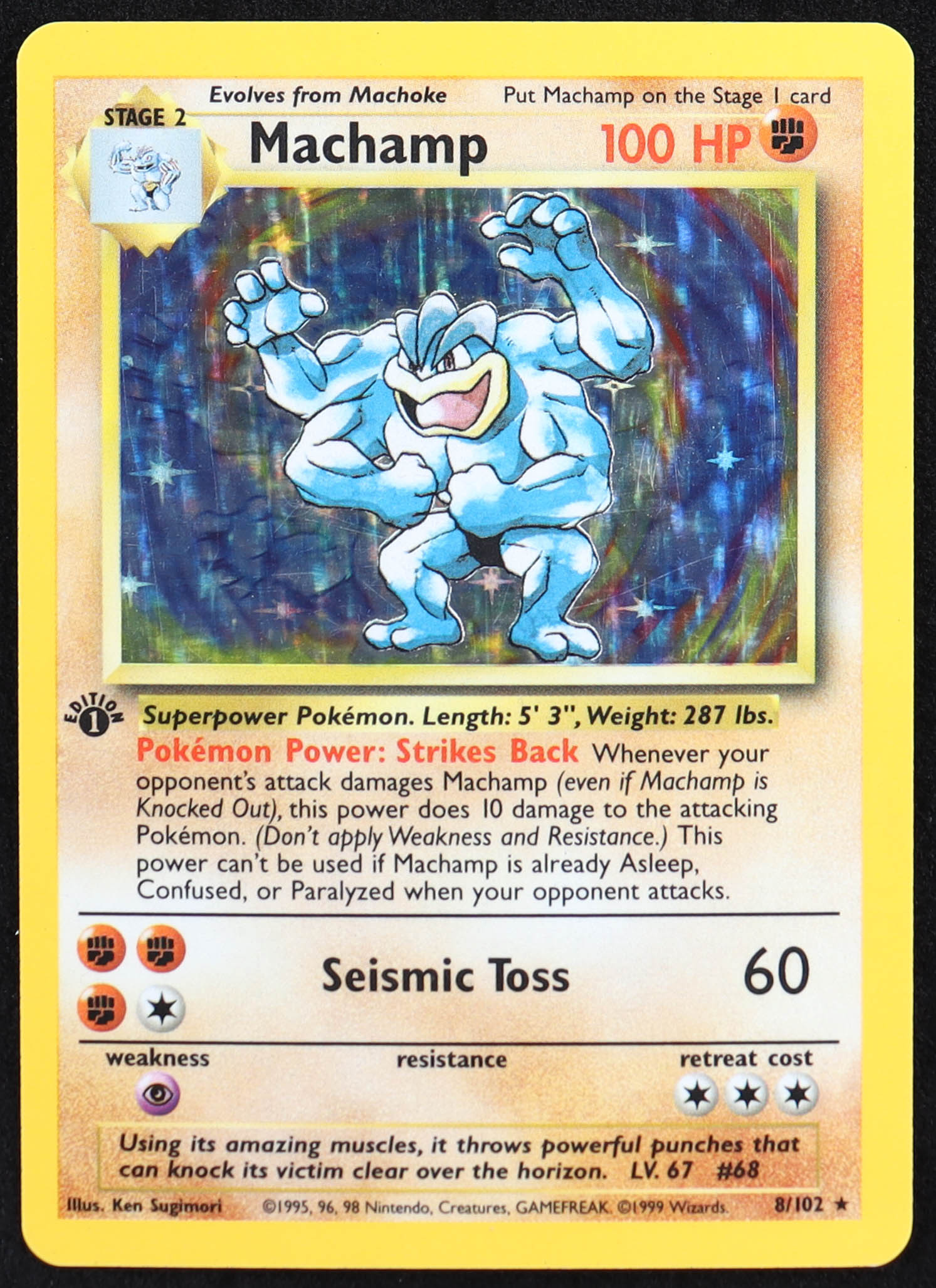 Machamp 1999 Pokemon Base 1st Edition Grey Stamp #8 Holo at PristineAuction.com Machamp 1999 Pokemon Base 1st Edition Grey Stamp #8 Holo at PristineAuction.com