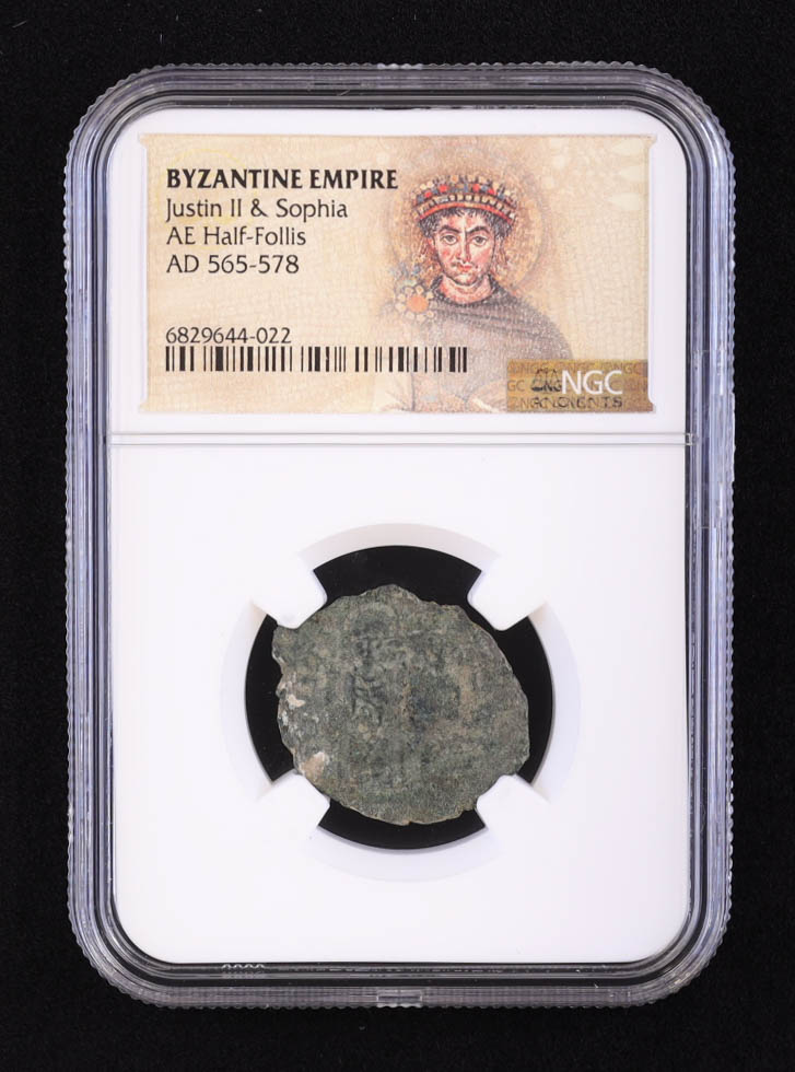 Byzantine Empire - Justin II & Sophia, AD 565-578, AE Half-Follis (NGC) at PristineAuction.com Byzantine Empire - Justin II & Sophia, AD 565-578, AE Half-Follis (NGC) at PristineAuction.com