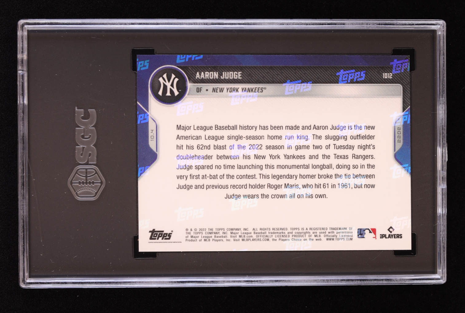 Aaron Judge 2022 Topps Now #1012 (SGC 10) at PristineAuction.com Aaron Judge 2022 Topps Now #1012 (SGC 10) at PristineAuction.com