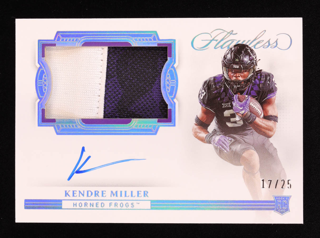 Kendre Miller 2023 Panini Flawless Collegiate #143 Jersey Autograph RC #17/25 at PristineAuction.com Kendre Miller 2023 Panini Flawless Collegiate #143 Jersey Autograph RC #17/25 at PristineAuction.com