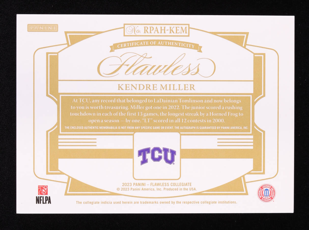 Kendre Miller 2023 Panini Flawless Collegiate #143 Jersey Autograph RC #17/25 at PristineAuction.com Kendre Miller 2023 Panini Flawless Collegiate #143 Jersey Autograph RC #17/25 at PristineAuction.com