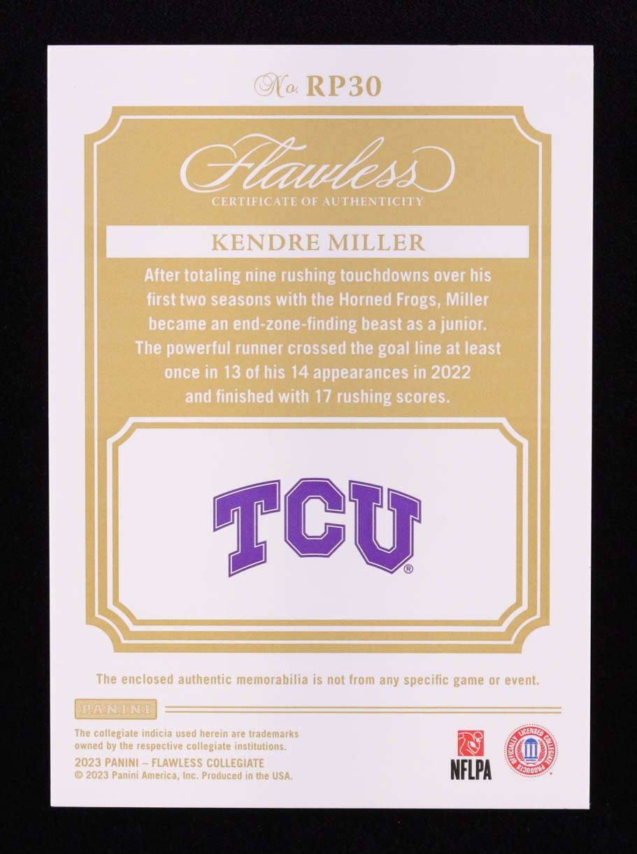Kendre Miller 2023 Panini Flawless Collegiate Rookie Patches Gold #30 RC #3/10 at PristineAuction.com Kendre Miller 2023 Panini Flawless Collegiate Rookie Patches Gold #30 RC #3/10 at PristineAuction.com