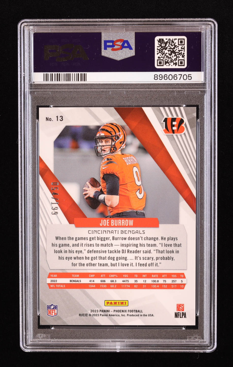 Joe Burrow 2023 Panini Phoenix Red #13 #054/199 (PSA 10) at PristineAuction.com Joe Burrow 2023 Panini Phoenix Red #13 #054/199 (PSA 10) at PristineAuction.com