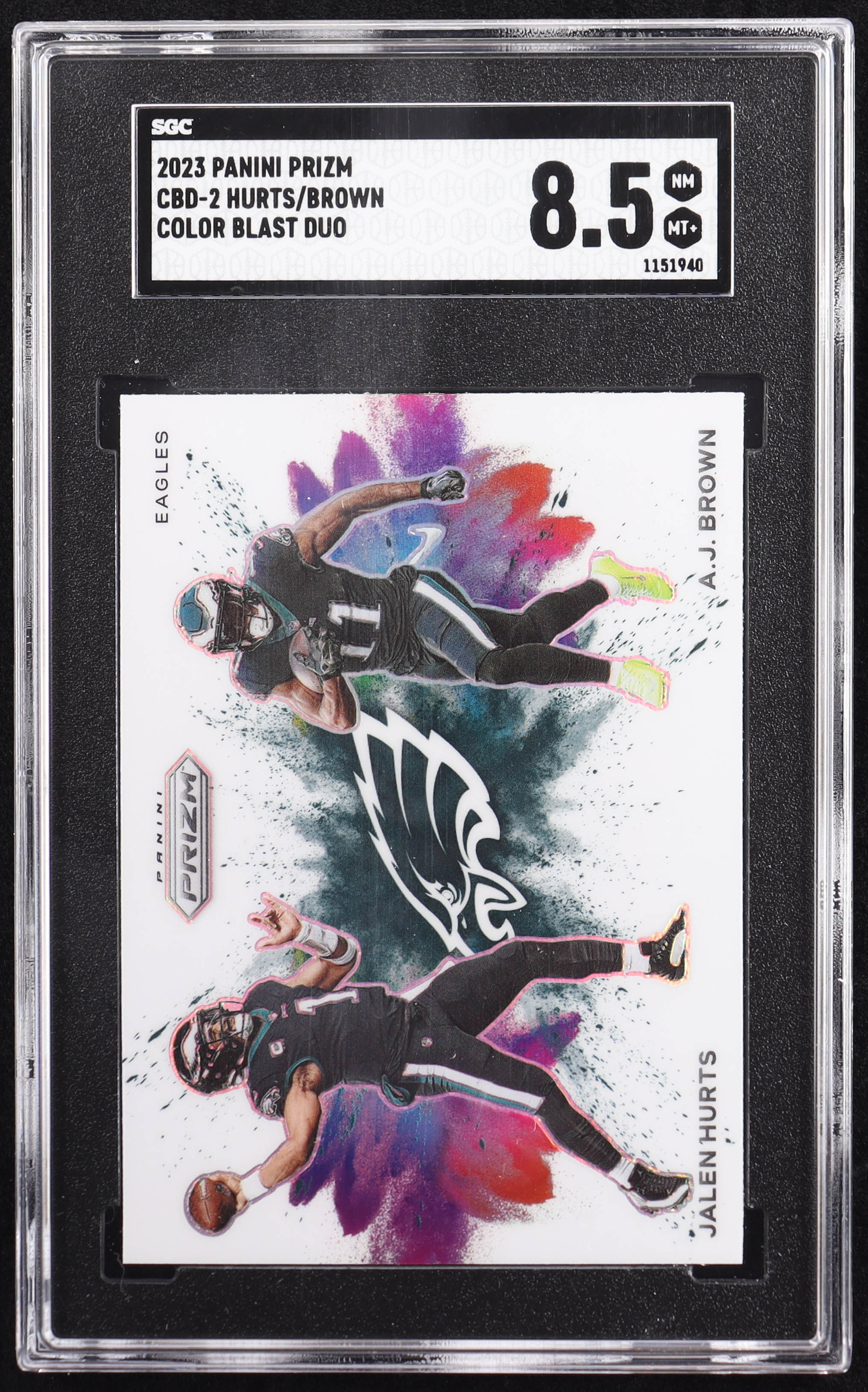 A.J. Brown / Jalen Hurts 2023 Panini Prizm Color Blast Duo #2 (SGC 8.5) at PristineAuction.com A.J. Brown / Jalen Hurts 2023 Panini Prizm Color Blast Duo #2 (SGC 8.5) at PristineAuction.com