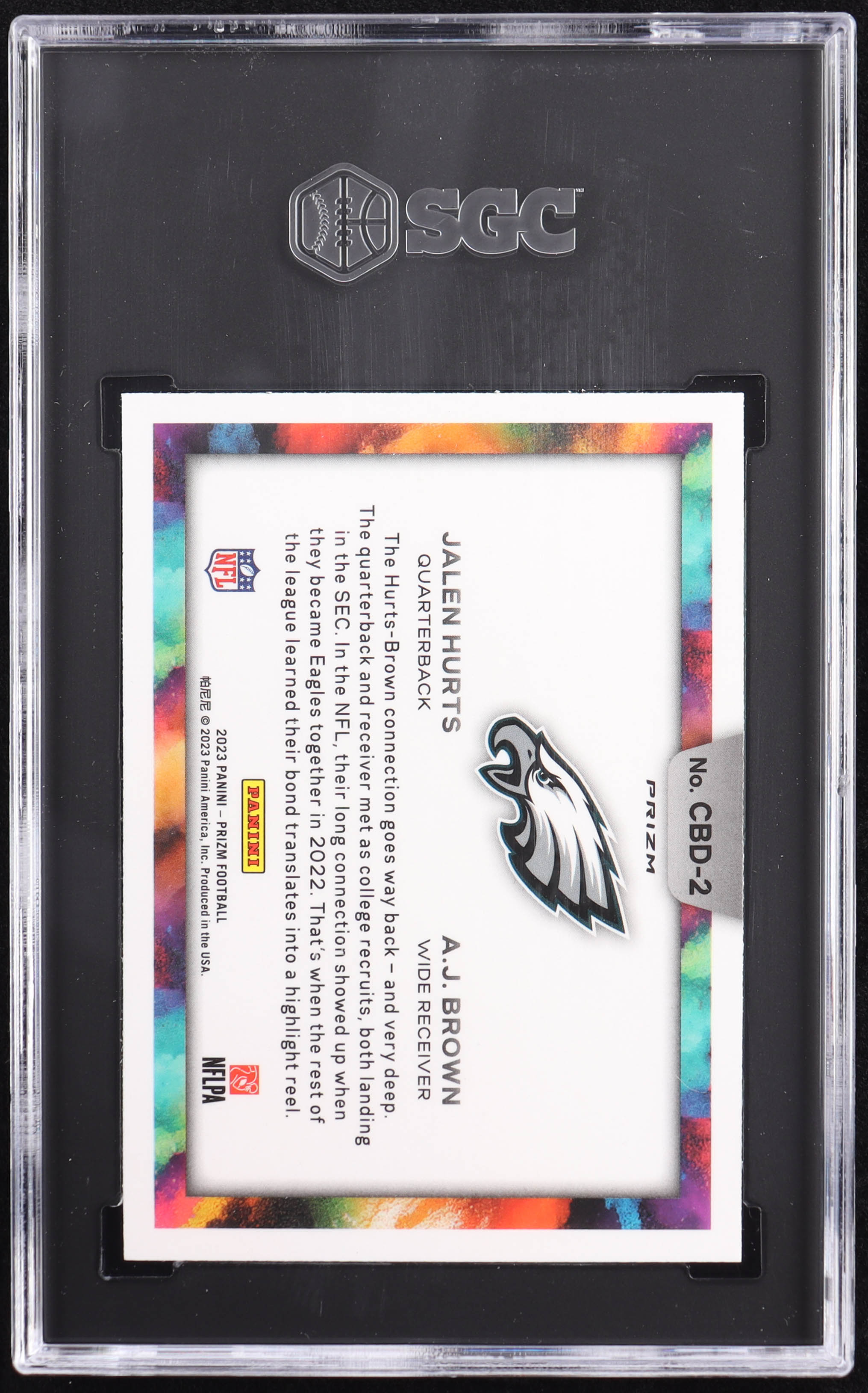 A.J. Brown / Jalen Hurts 2023 Panini Prizm Color Blast Duo #2 (SGC 8.5) at PristineAuction.com A.J. Brown / Jalen Hurts 2023 Panini Prizm Color Blast Duo #2 (SGC 8.5) at PristineAuction.com