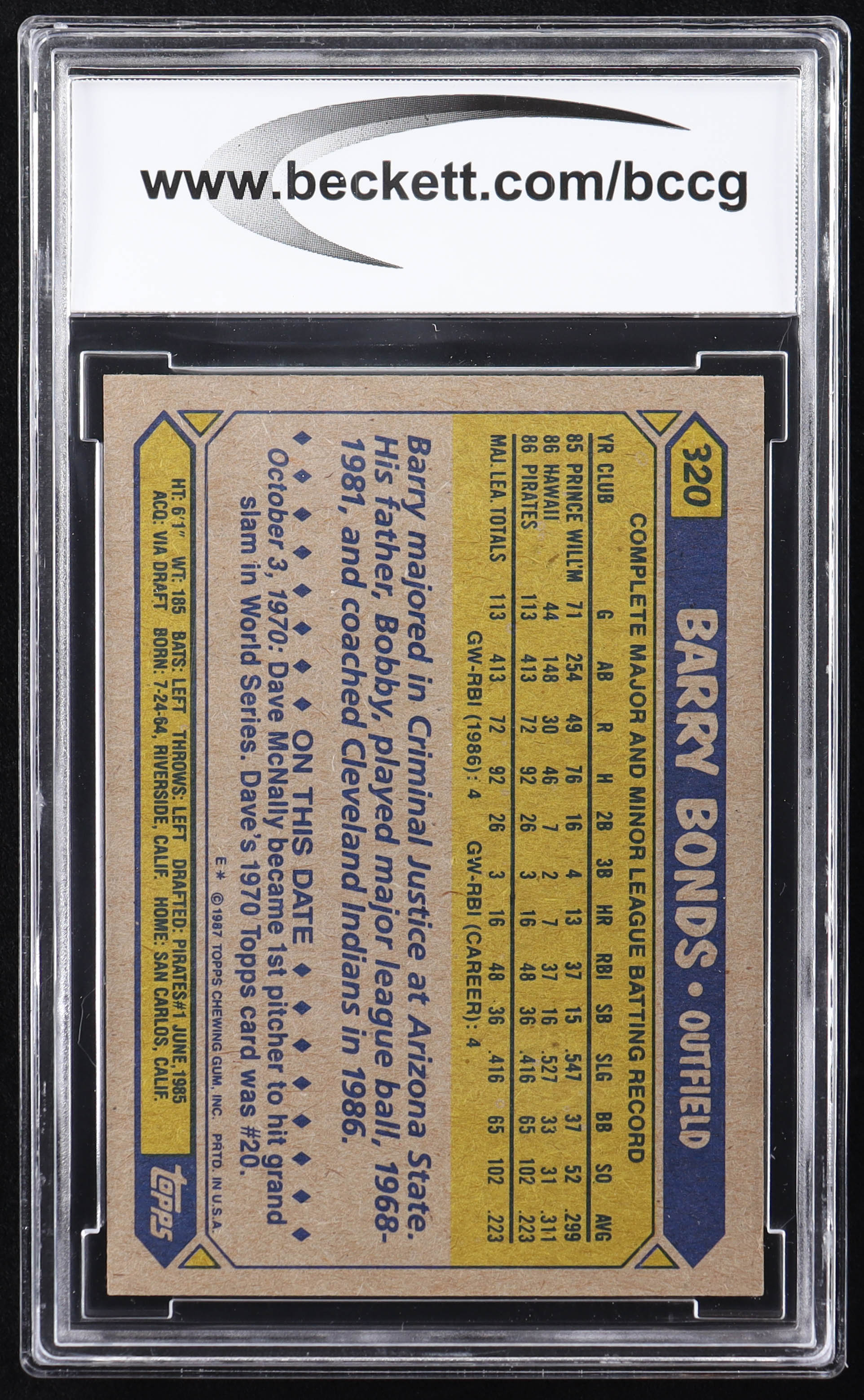 Barry Bonds 1987 Topps #320 RC (BCCG 10) at PristineAuction.com Barry Bonds 1987 Topps #320 RC (BCCG 10) at PristineAuction.com