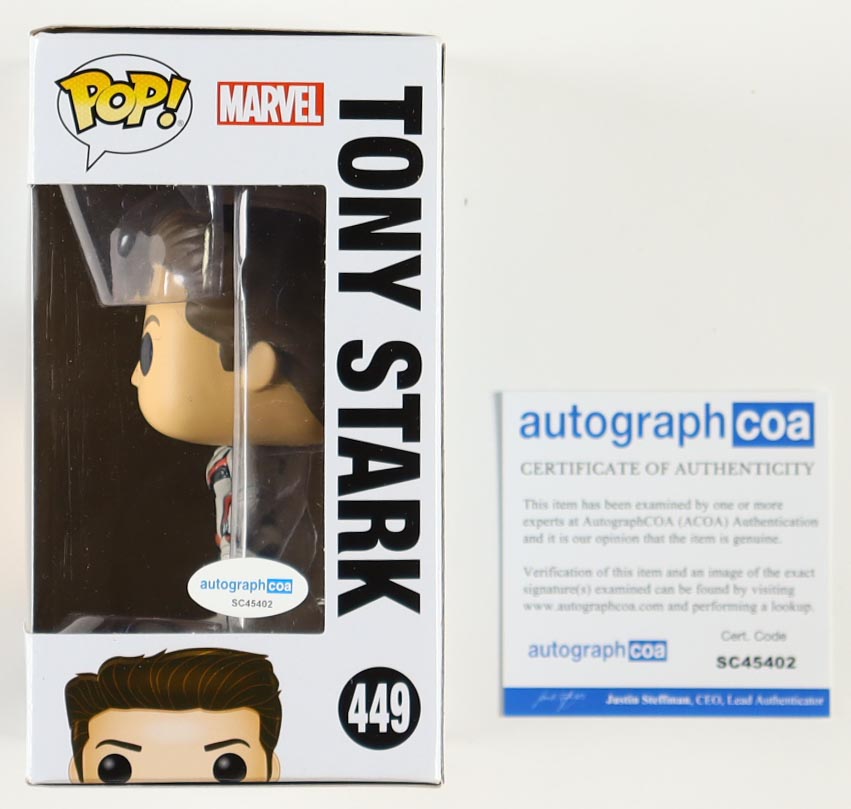 Robert Downey Jr. Signed "Marvel" #449 Tony Stark Bobble-Head Funko Pop! Vinyl Figure (ACOA) at PristineAuction.com Robert Downey Jr. Signed "Marvel" #449 Tony Stark Bobble-Head Funko Pop! Vinyl Figure (ACOA) at PristineAuction.com