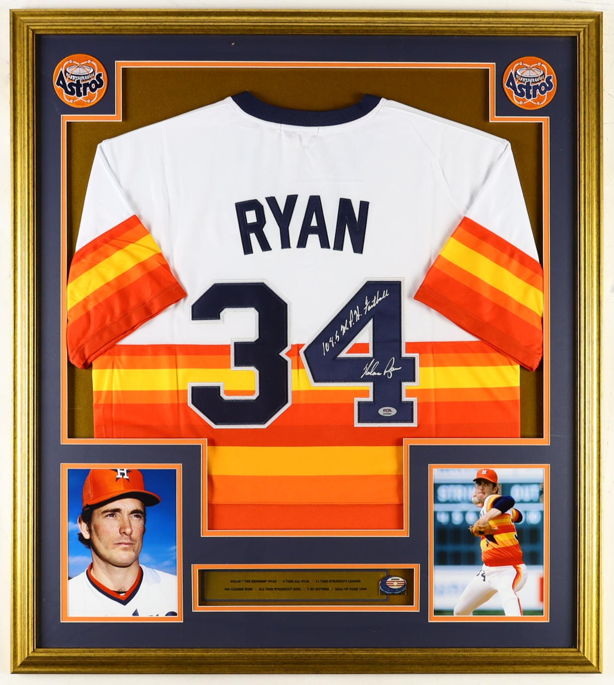 Nolan Ryan Signed Custom Framed Jersey Display with HOF Induction Pin Inscribed "108.5 MPH Fastball" (PSA) at PristineAuction.com Nolan Ryan Signed Custom Framed Jersey Display with HOF Induction Pin Inscribed "108.5 MPH Fastball" (PSA) at PristineAuction.com