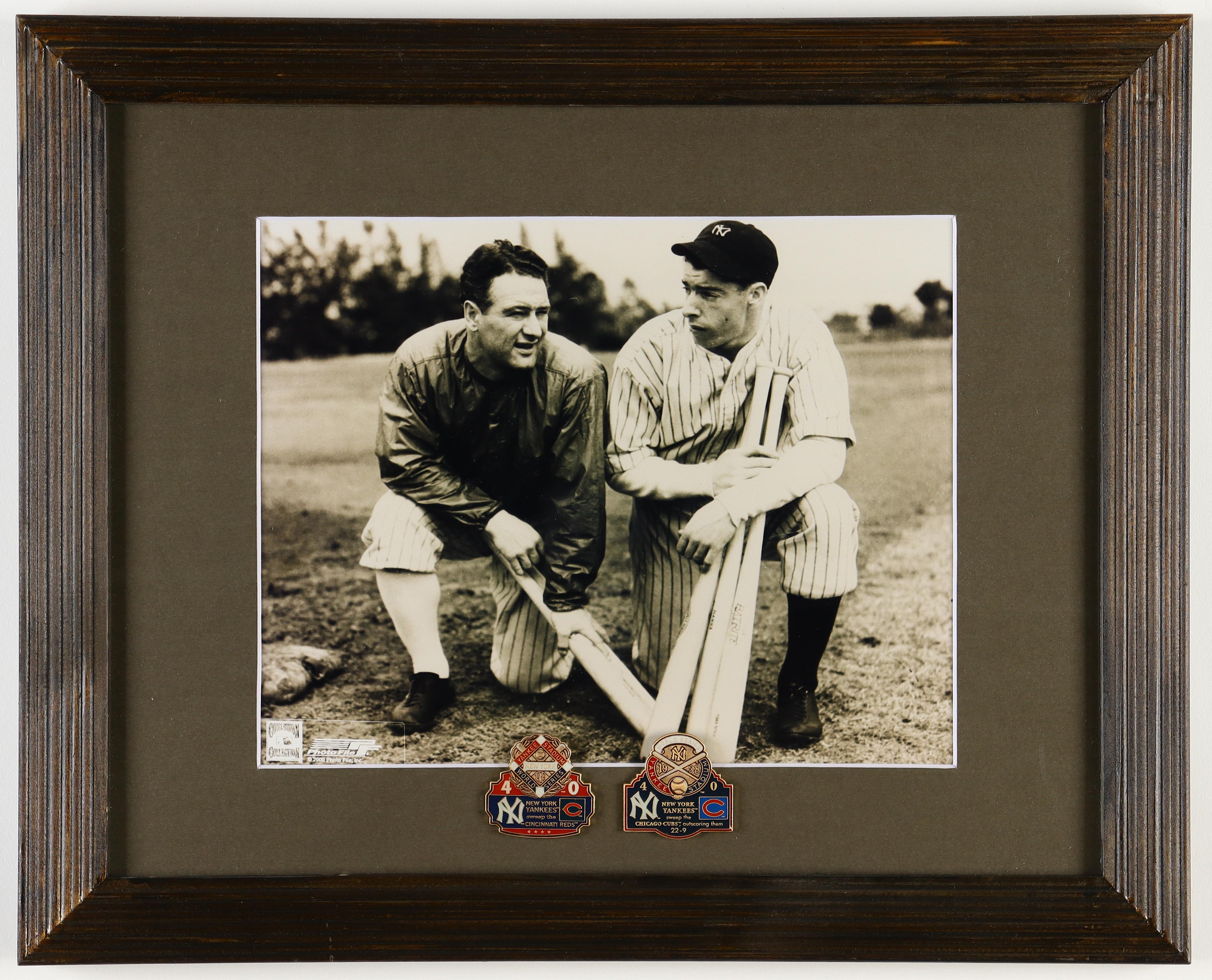 Babe Ruth & Lou Gehrig Yankees Custom Framed Photo Display with Official 1938 & 1939 World Series Pins at PristineAuction.com Babe Ruth & Lou Gehrig Yankees Custom Framed Photo Display with Official 1938 & 1939 World Series Pins at PristineAuction.com