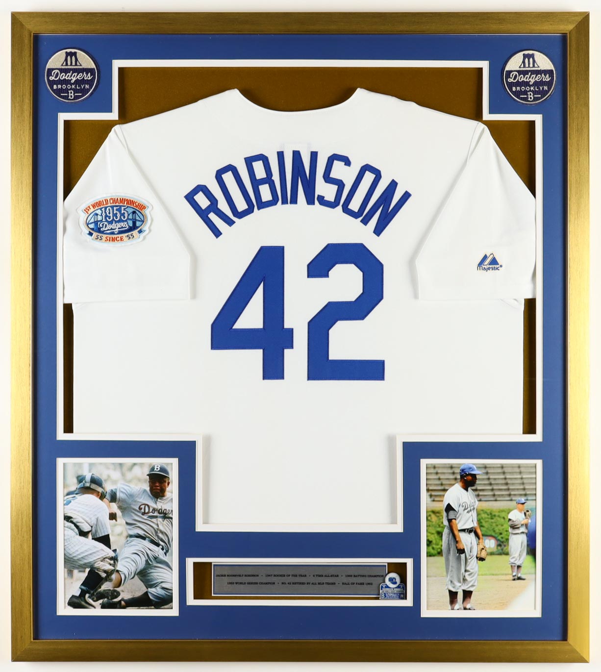 Jackie Robinson Custom Framed Jersey Display with 1955 World Championship Pin & (2) Logo Patches at PristineAuction.com Jackie Robinson Custom Framed Jersey Display with 1955 World Championship Pin & (2) Logo Patches at PristineAuction.com