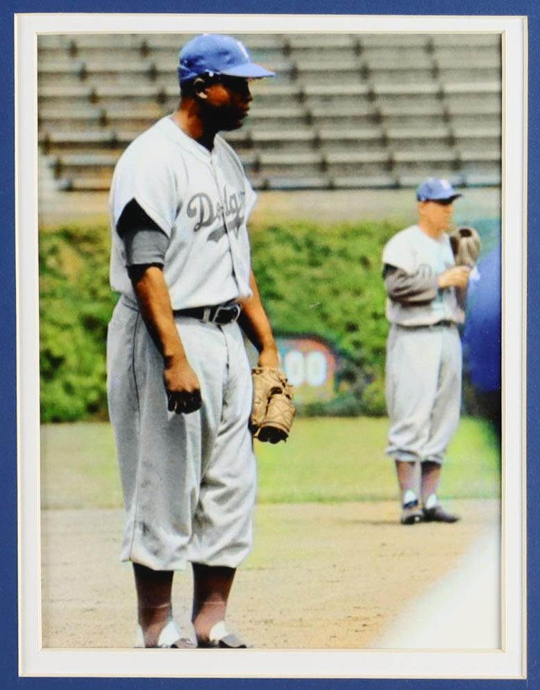 Jackie Robinson Custom Framed Jersey Display with 1955 World Championship Pin & (2) Logo Patches at PristineAuction.com Jackie Robinson Custom Framed Jersey Display with 1955 World Championship Pin & (2) Logo Patches at PristineAuction.com