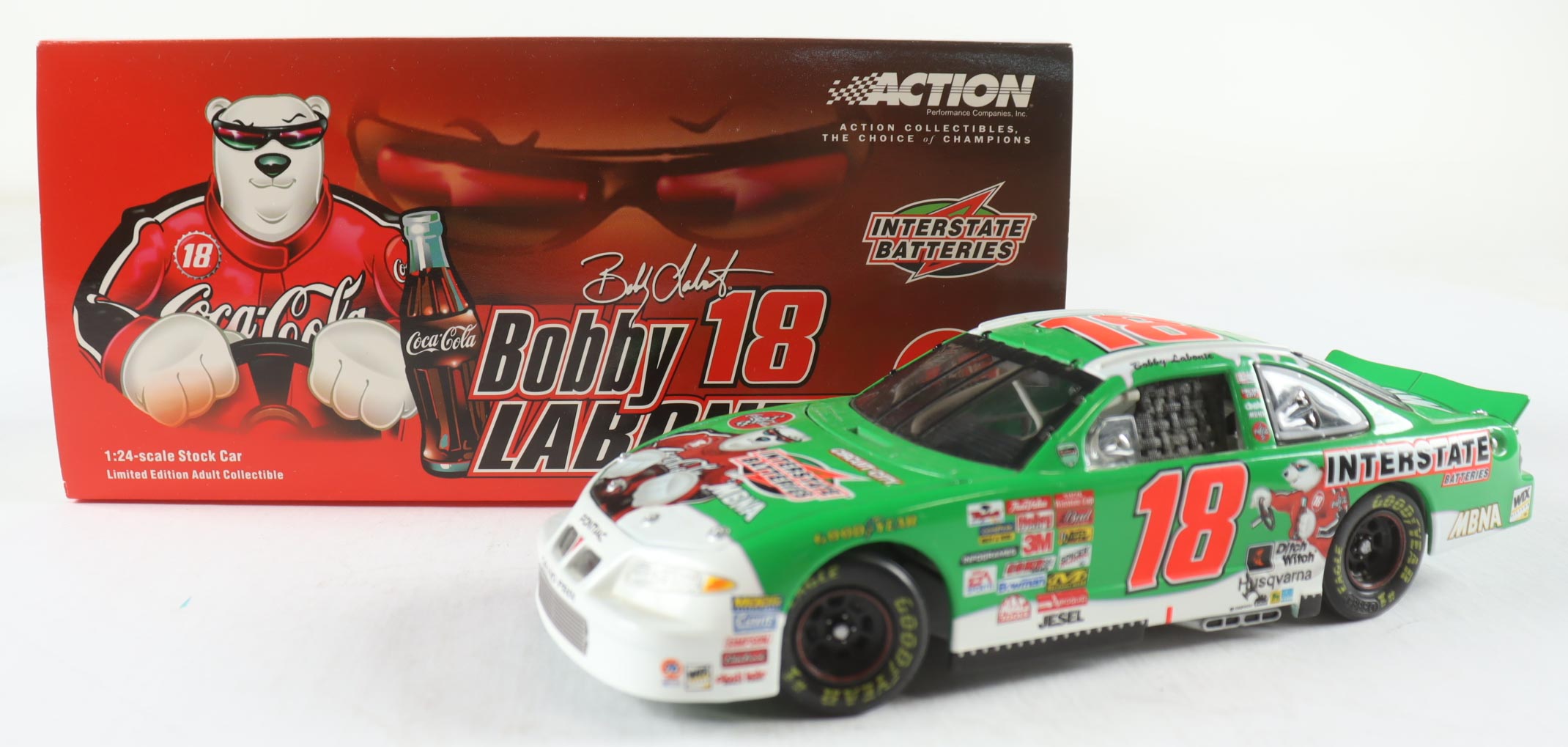 Bobby Labonte #18 Interstate Batteries / Coca-Cola Polar Bear - 2001 Grand Prix Clear Window Bank 1:24 Scale Diecast Car at PristineAuction.com Bobby Labonte #18 Interstate Batteries / Coca-Cola Polar Bear - 2001 Grand Prix Clear Window Bank 1:24 Scale Diecast Car at PristineAuction.com