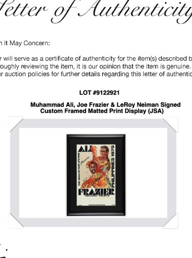 Muhammad Ali, Joe Frazier & LeRoy Neiman Signed Custom Framed Matted Print Display (JSA) at PristineAuction.com Muhammad Ali, Joe Frazier & LeRoy Neiman Signed Custom Framed Matted Print Display (JSA) at PristineAuction.com