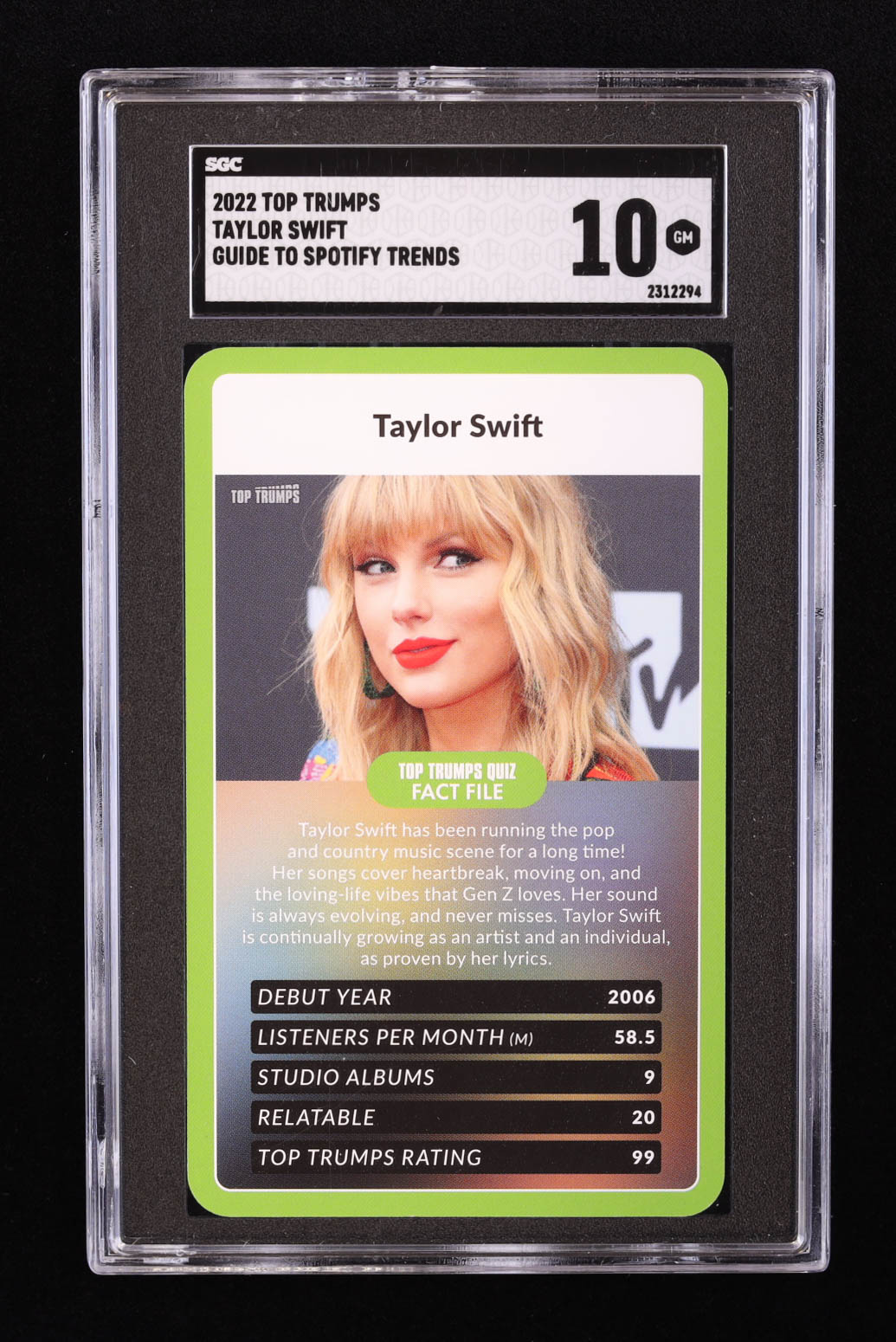 Taylor Swift 2022 Top Trumps Guide to Spotify Trends #NNO (SGC 10) at PristineAuction.com Taylor Swift 2022 Top Trumps Guide to Spotify Trends #NNO (SGC 10) at PristineAuction.com