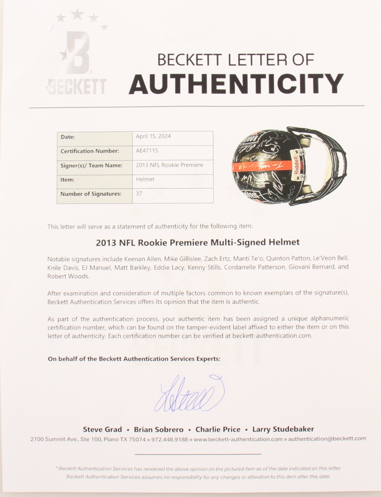 2013 NFL Rookie Premiere Full-Size Helmet Signed by (37) with Keenan Allen, Mike Gillislee, Zach Ertz, Manti Te'o, Quinton Patton (Beckett) at PristineAuction.com 2013 NFL Rookie Premiere Full-Size Helmet Signed by (37) with Keenan Allen, Mike Gillislee, Zach Ertz, Manti Te'o, Quinton Patton (Beckett) at PristineAuction.com