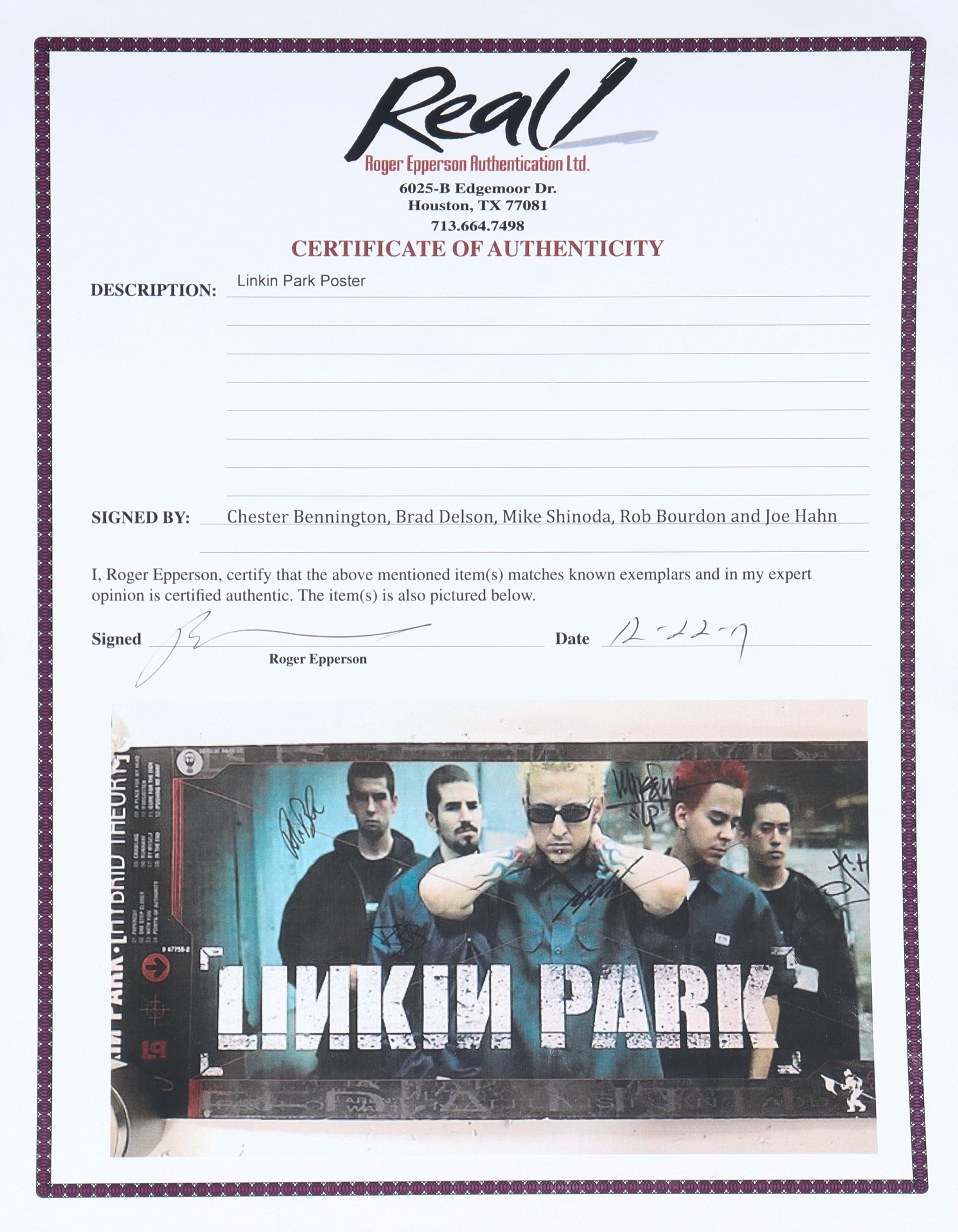 [直筆サイン]Linkin Parkポスター Linkin Park Signed Poster with COA