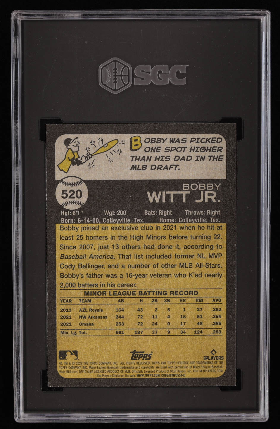 Bobby Witt Jr. 2022 Topps Heritage #520 RC (SGC 9.5) at PristineAuction.com Bobby Witt Jr. 2022 Topps Heritage #520 RC (SGC 9.5) at PristineAuction.com