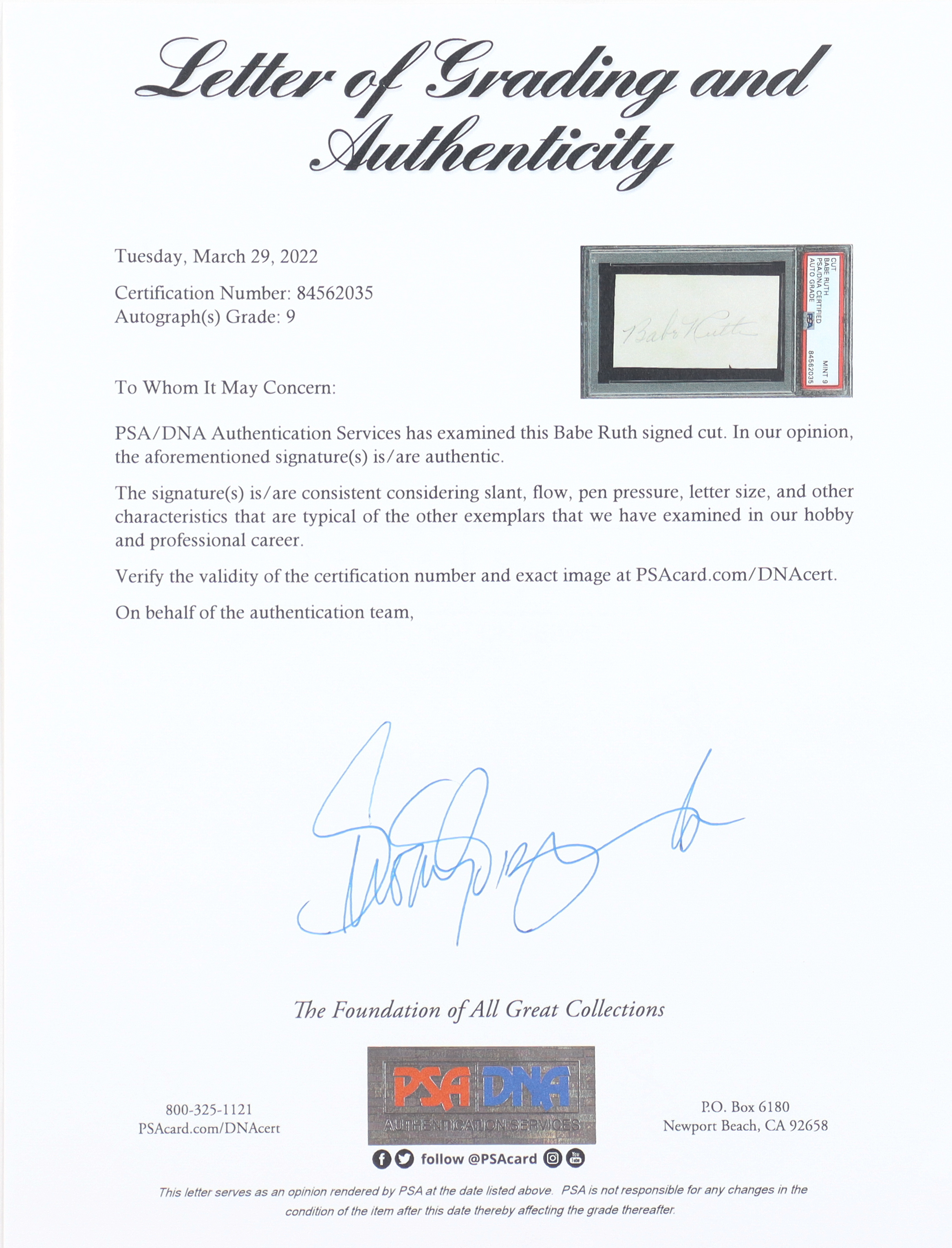 Babe Ruth Signed Cut (PSA | Autograph Graded 9) at PristineAuction.com Babe Ruth Signed Cut (PSA | Autograph Graded 9) at PristineAuction.com