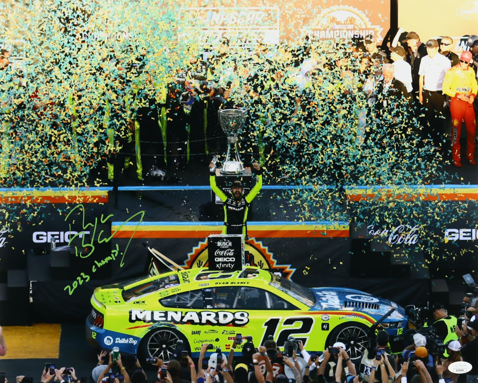 Ryan Blaney Signed NASCAR 16x20 Photo Inscribed "2023 Champ!" (JSA) at PristineAuction.com Ryan Blaney Signed NASCAR 16x20 Photo Inscribed "2023 Champ!" (JSA) at PristineAuction.com