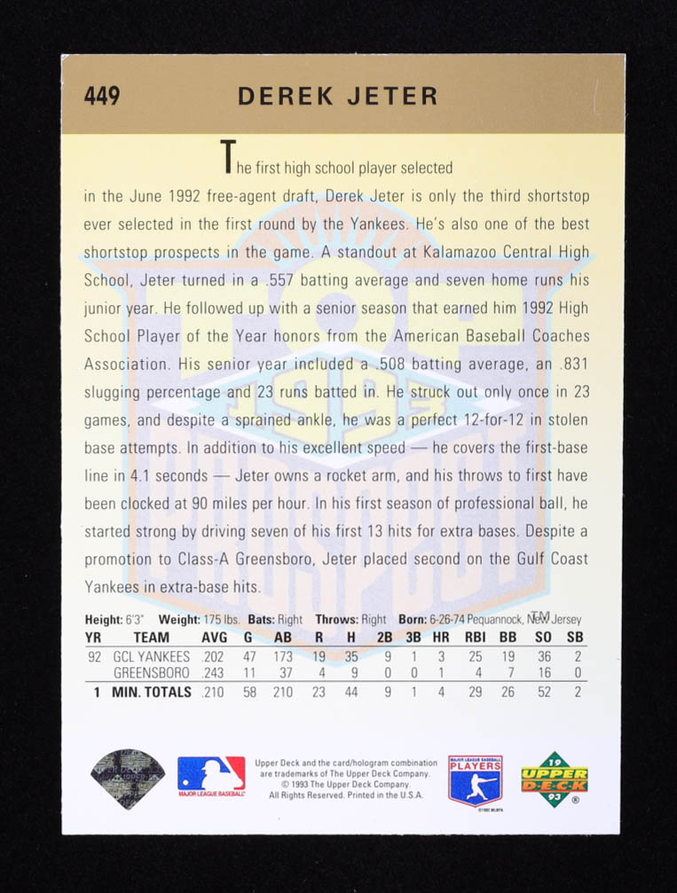 Derek Jeter 1993 Upper Deck #449 RC at PristineAuction.com Derek Jeter 1993 Upper Deck #449 RC at PristineAuction.com