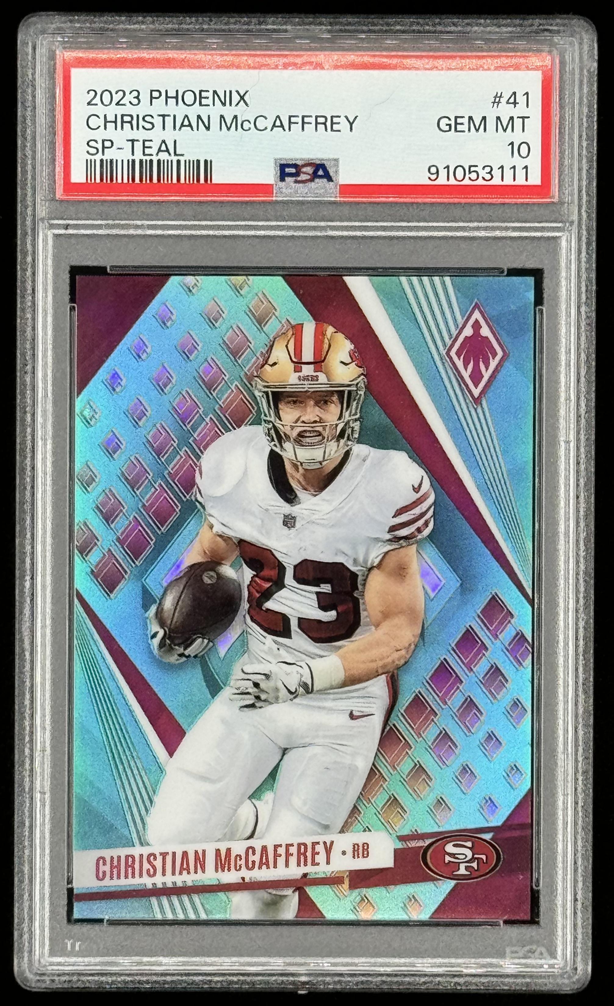 Christian McCaffrey 2023 Panini Phoenix SP Teal #41 #103/125 (PSA 10) at PristineAuction.com Christian McCaffrey 2023 Panini Phoenix SP Teal #41 #103/125 (PSA 10) at PristineAuction.com