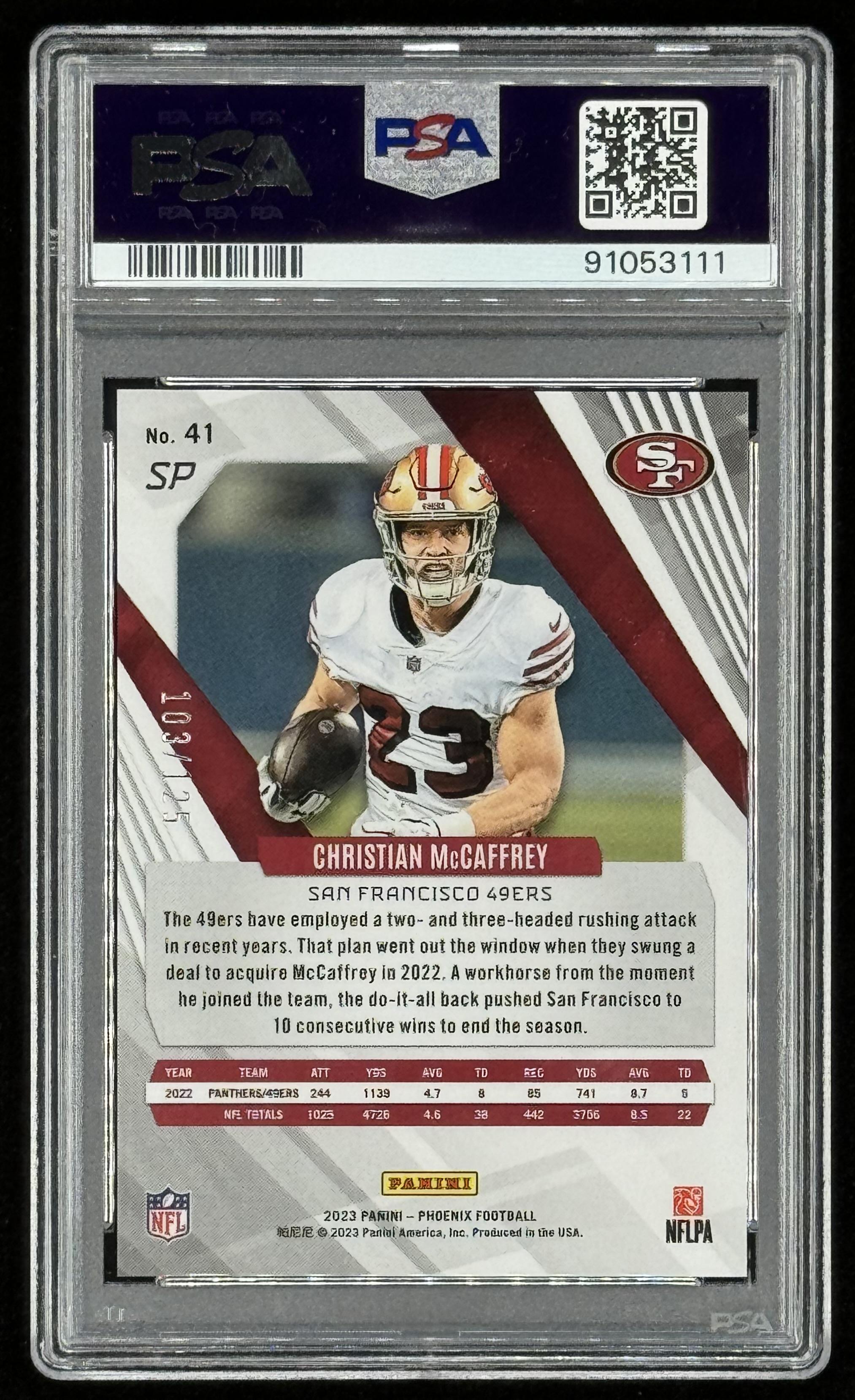 Christian McCaffrey 2023 Panini Phoenix SP Teal #41 #103/125 (PSA 10) at PristineAuction.com Christian McCaffrey 2023 Panini Phoenix SP Teal #41 #103/125 (PSA 10) at PristineAuction.com
