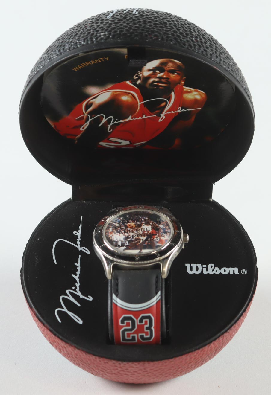 Michael Jordan Wilson Commemorative Watch in Original Mini Basketball Display Case at PristineAuction.com Michael Jordan Wilson Commemorative Watch in Original Mini Basketball Display Case at PristineAuction.com