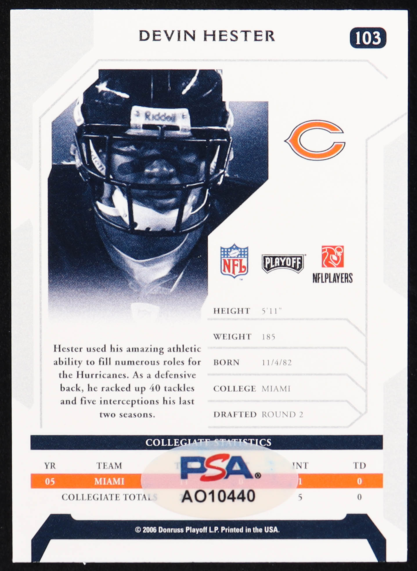 Devin Hester Signed 2006 Playoff NFL Playoffs #103 RC (PSA) at PristineAuction.com Devin Hester Signed 2006 Playoff NFL Playoffs #103 RC (PSA) at PristineAuction.com