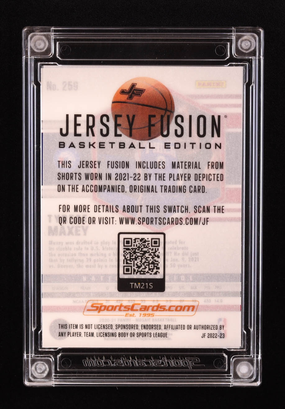 Tyrese Maxey 2022-23 Sportscards.com Jersey Fusion Game-Used Swatch #TM21S #65/99 at PristineAuction.com Tyrese Maxey 2022-23 Sportscards.com Jersey Fusion Game-Used Swatch #TM21S #65/99 at PristineAuction.com