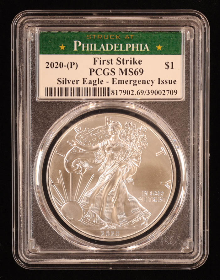 2020-(P) American Silver Eagle - First Strike - Emergency Issue - Struck at Philadelphia (PCGS MS69) at PristineAuction.com 2020-(P) American Silver Eagle - First Strike - Emergency Issue - Struck at Philadelphia (PCGS MS69) at PristineAuction.com